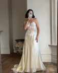Vintage 90s Italian Nude Floral Beaded Silk Organza Wedding Gown