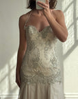 Vintage 90s Pure Silk Drop Waist Beaded Halter Gown with Cathedral Train