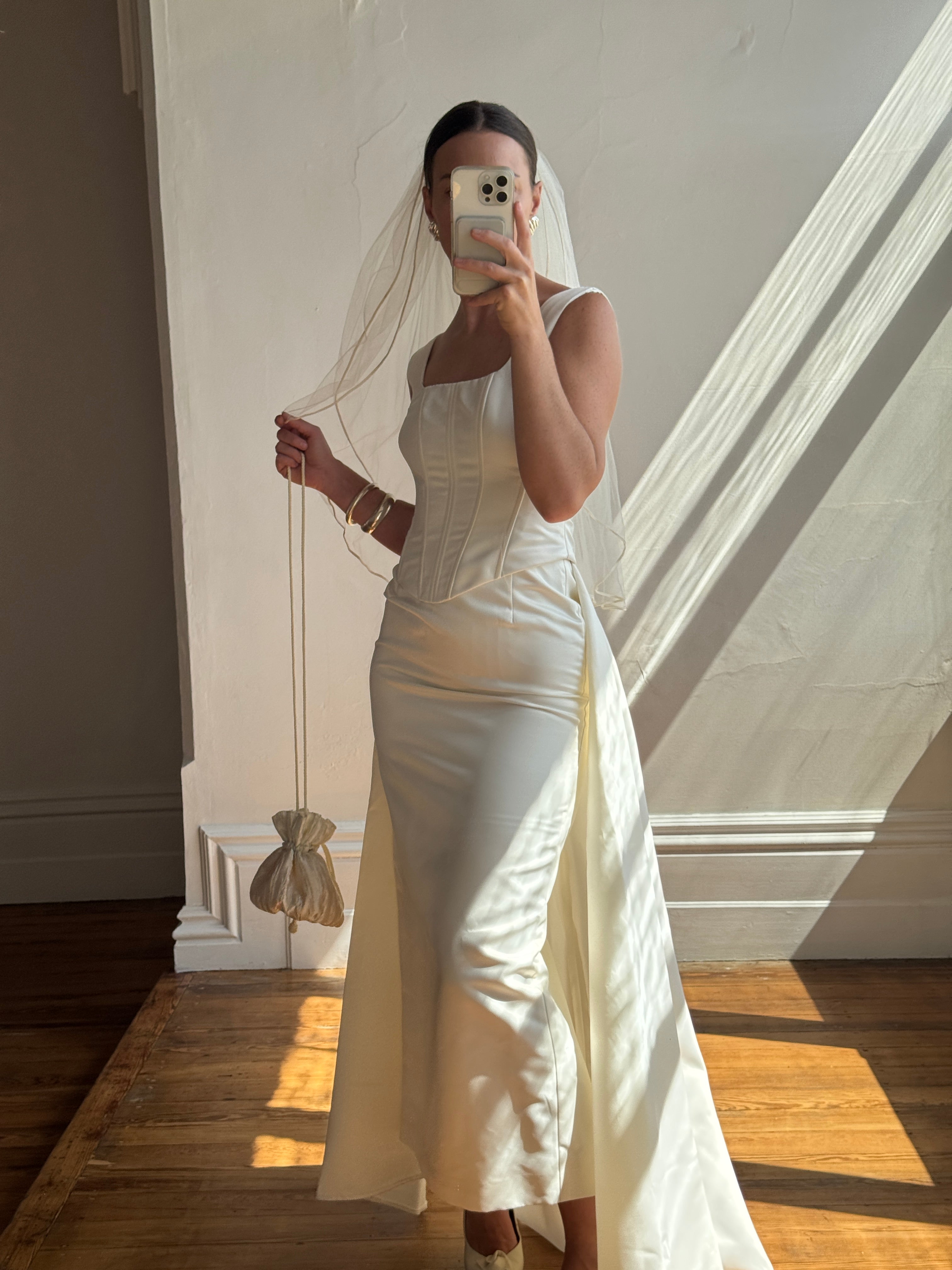 Vintage 90s Satin Corset Pencil Wedding Dress With Optional Train
