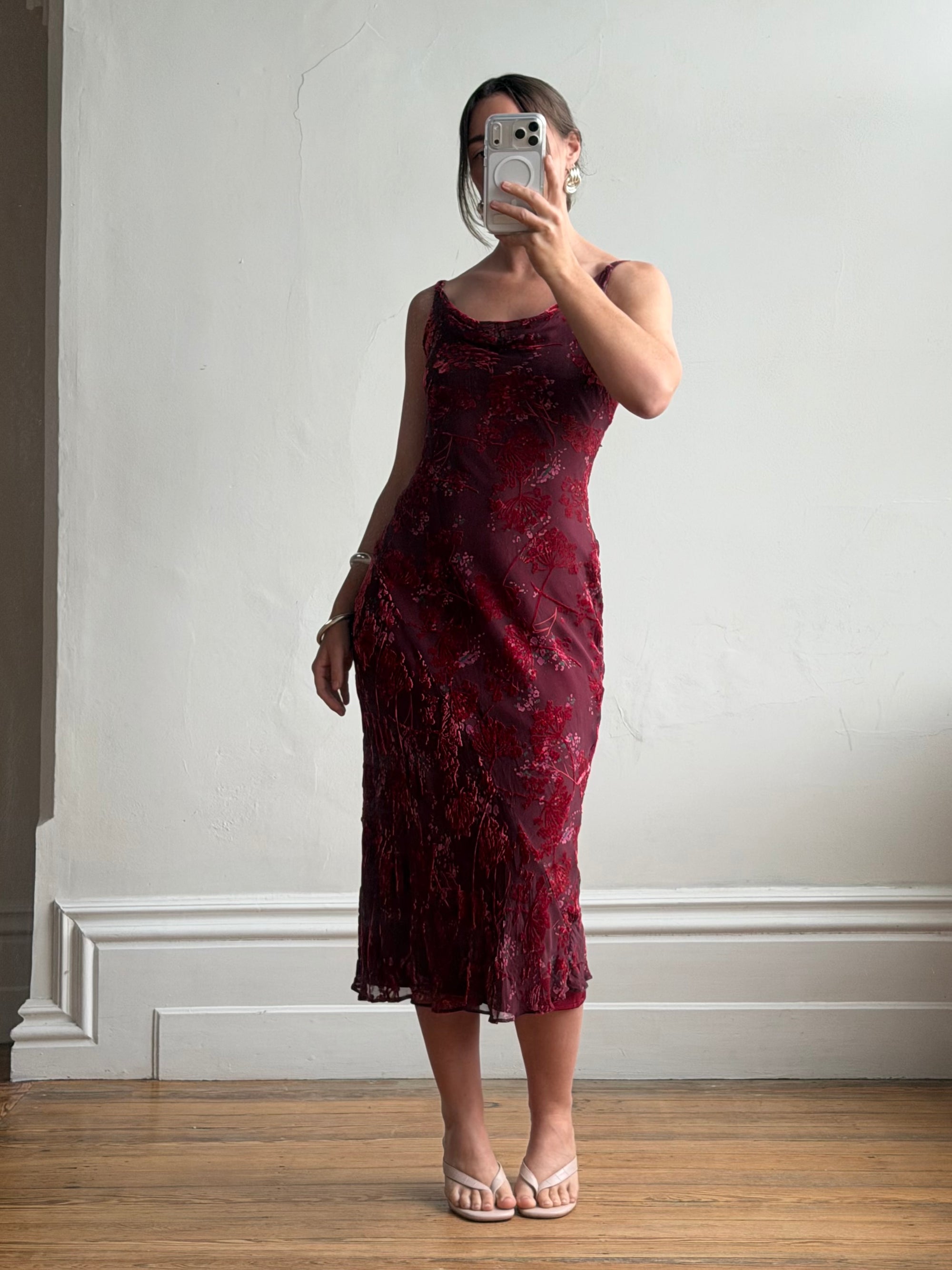 Vintage 90s Burnt Velvet Cowl Neck Dress Plum