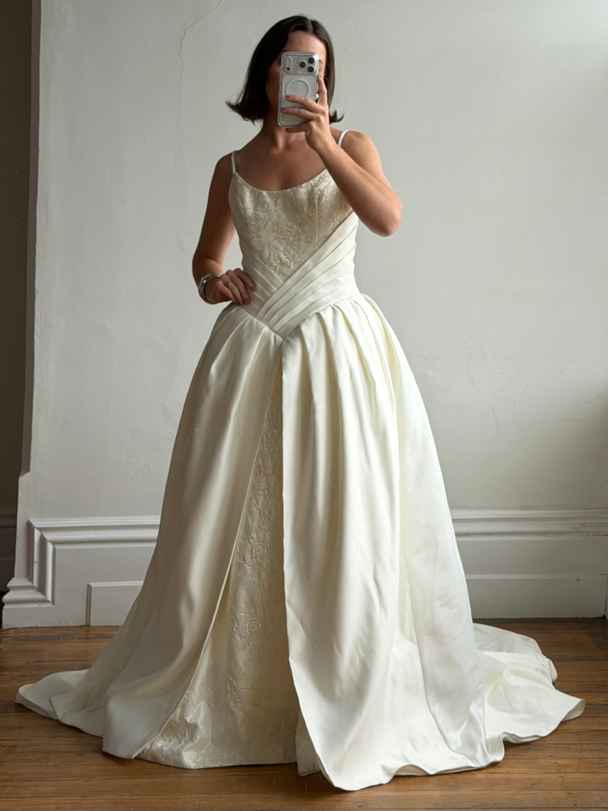 Vintage 90s Pleated Jacquard Satin Wedding Gown