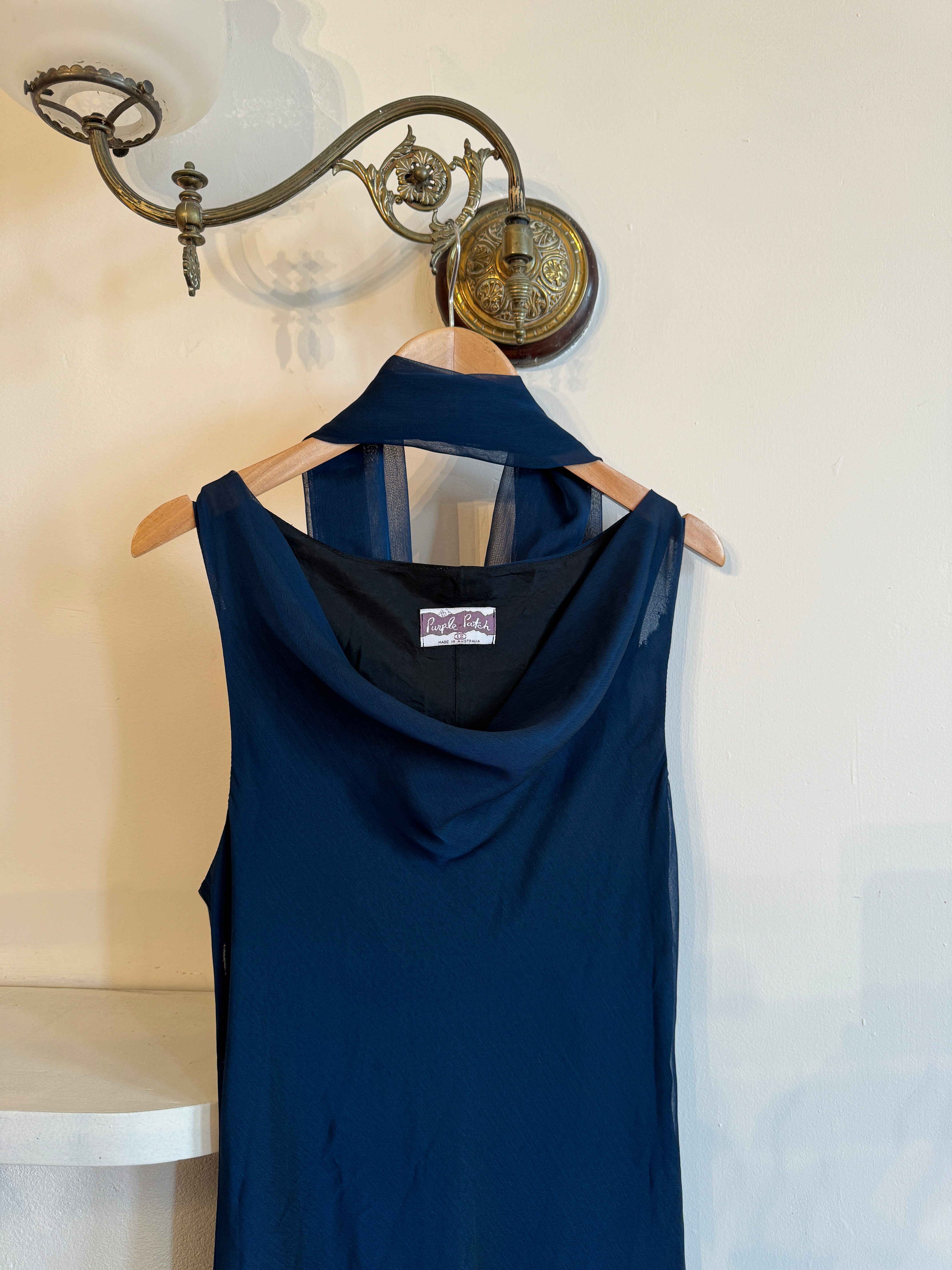 Vintage 90s Navy Cowl Neck Dress with Scarf