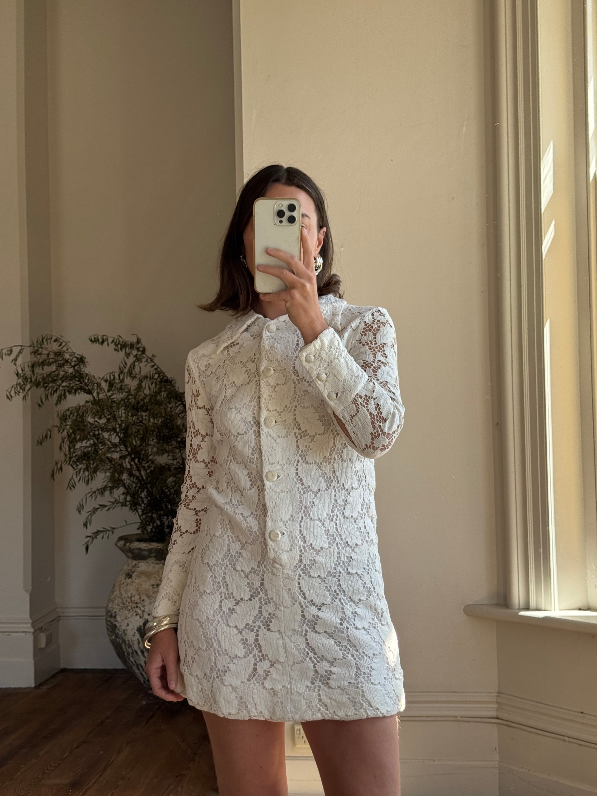 Vintage 70s Lace Button Up Micro Mini