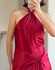 Vintage 90s Crimson Satin Ruched Bias Gown