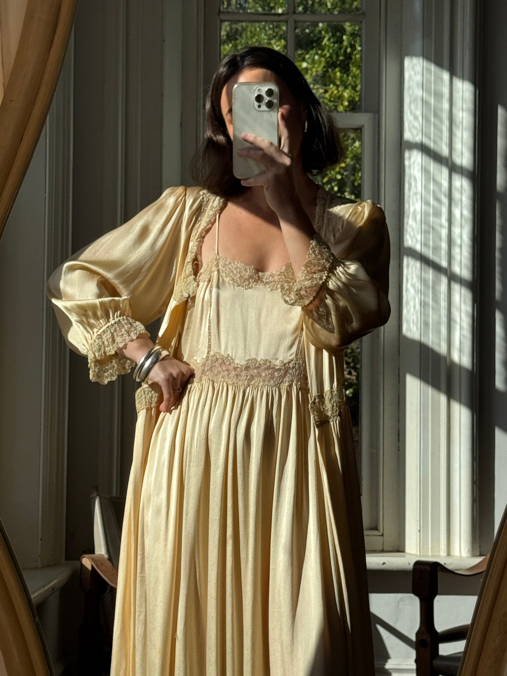 Vintage 70s Pure Silk Peignoir and Slip Butterscotch