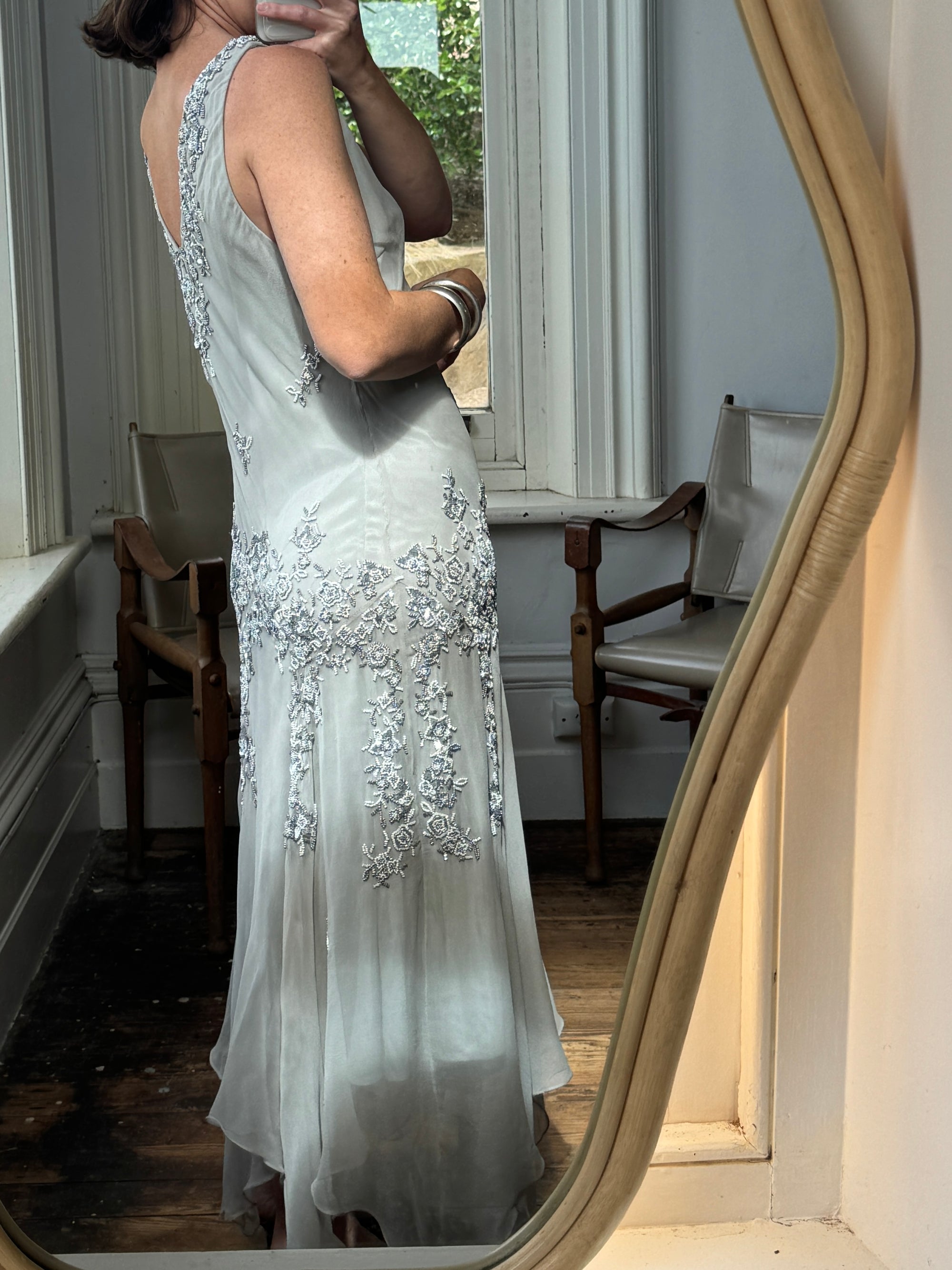 Vintage 90s Pure Silk Beaded V Neck Dress Light Grey