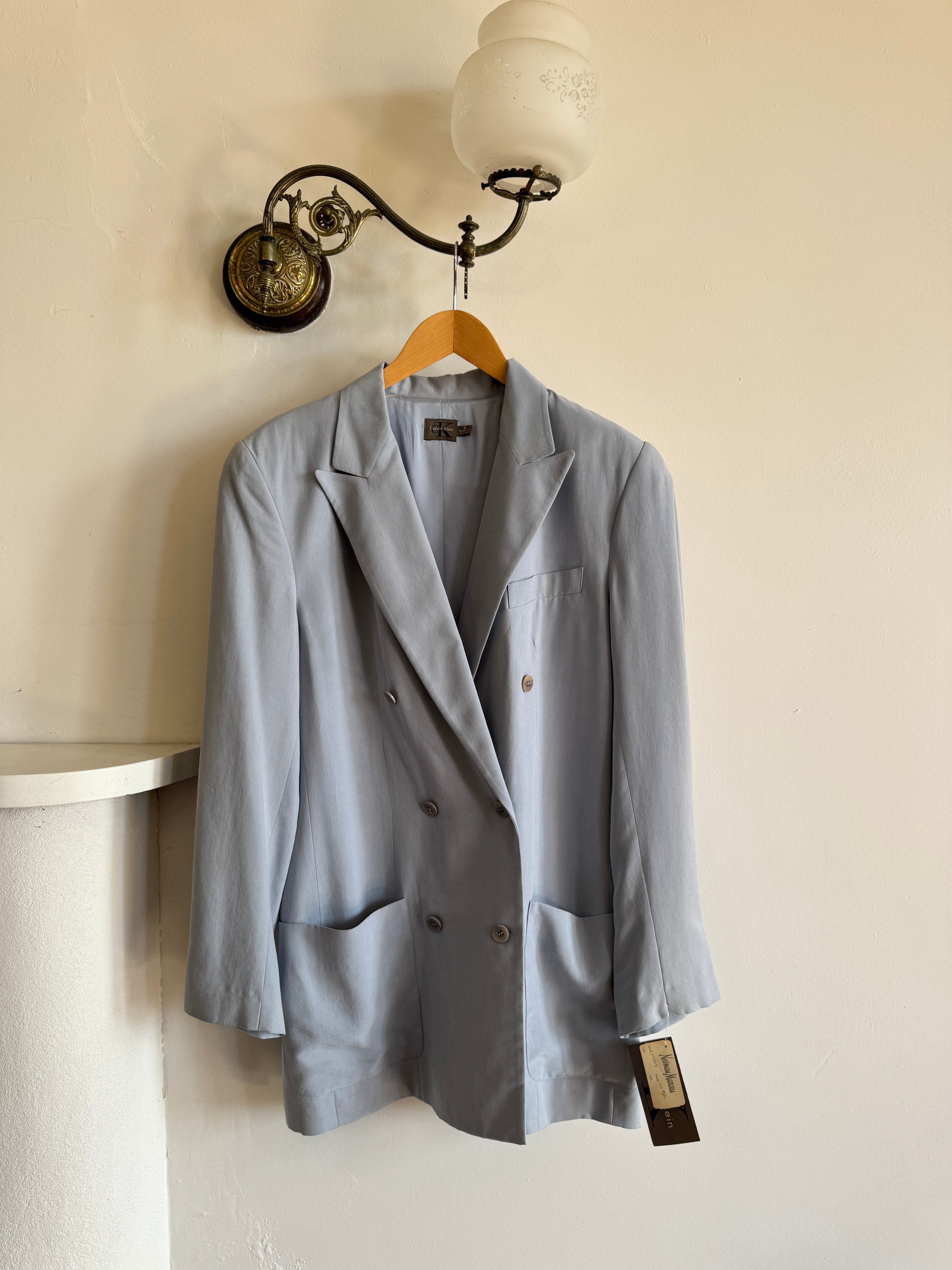 Vintage 90s Calvin Klein Pure Silk Double Breasted Blazer Dusty Blue