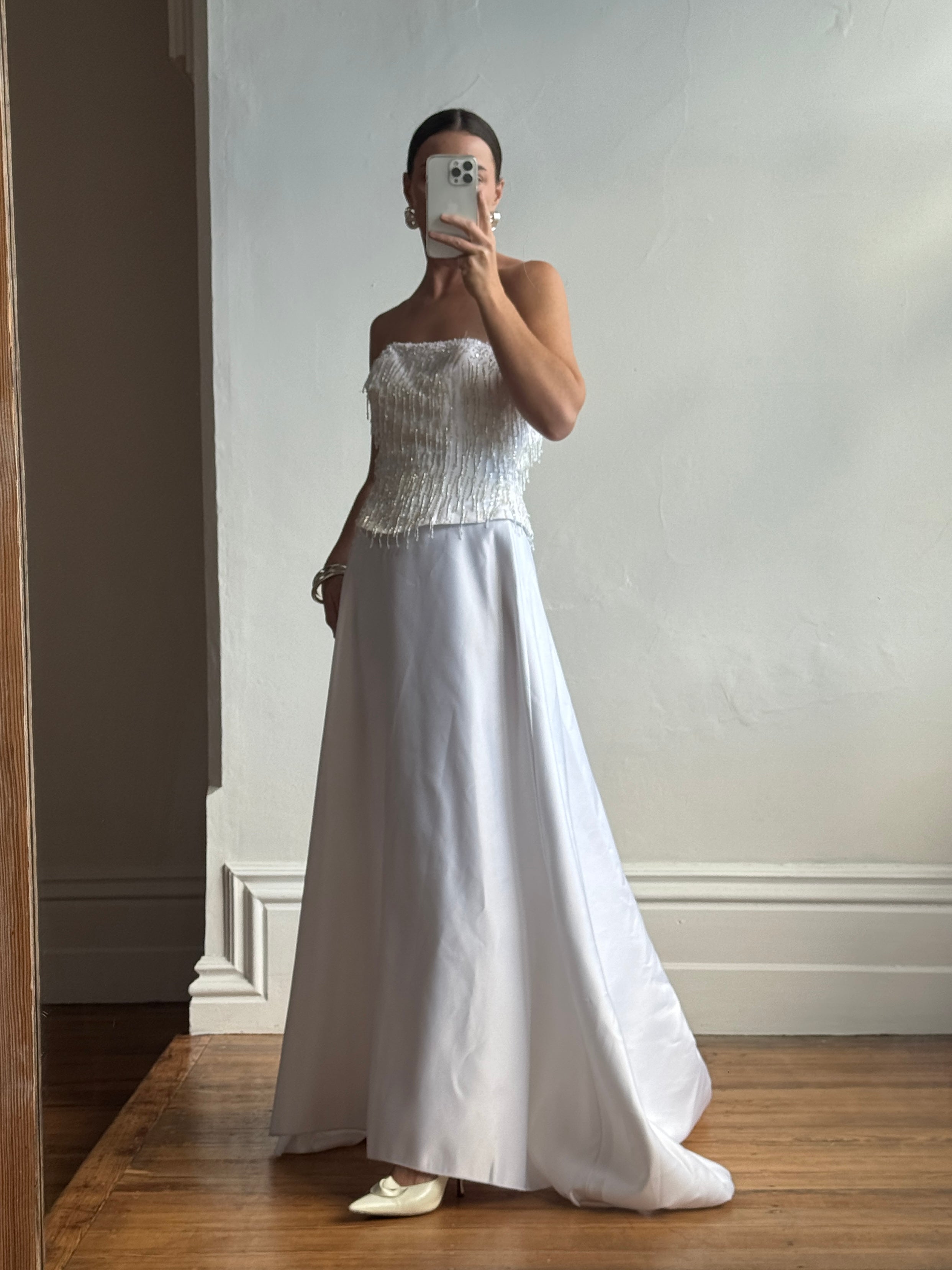Vintage 90s Beaded Tassel Strapless Satin Wedding Gown