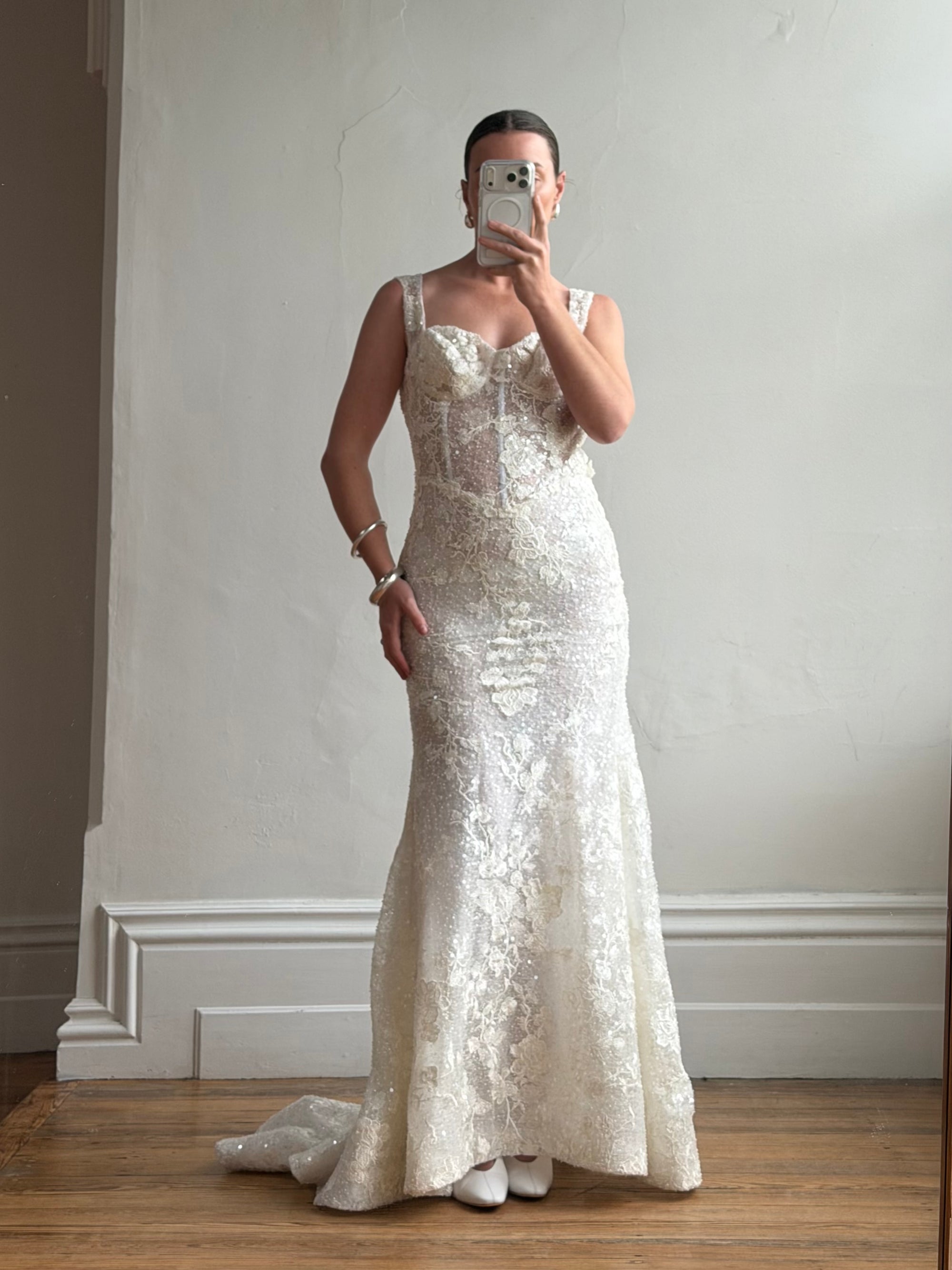 Vintage Y2K Italian Sheer Embroidered Naked Bustier Wedding Gown