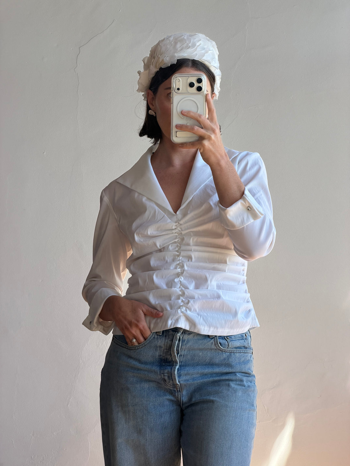 Vintage 90s Structured Collar Gathered Blouse Crisp White