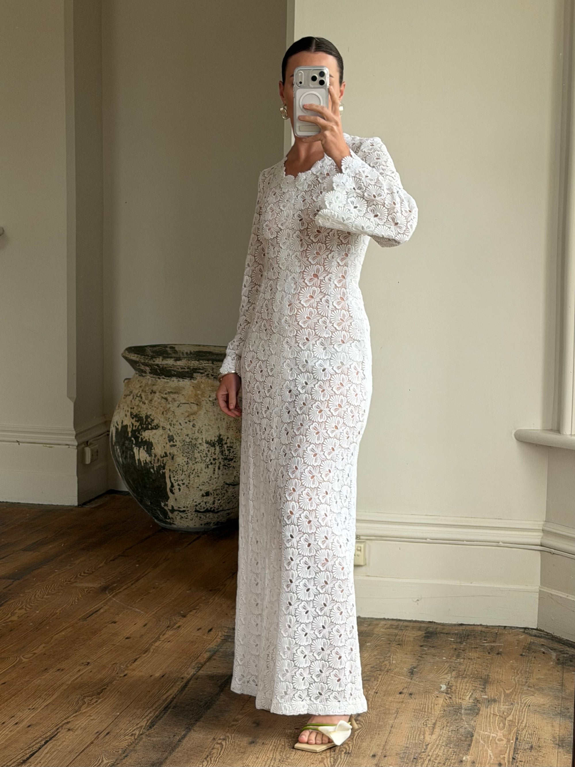 Vintage 60s Crochet Lace Long Sleeved Wedding Gown