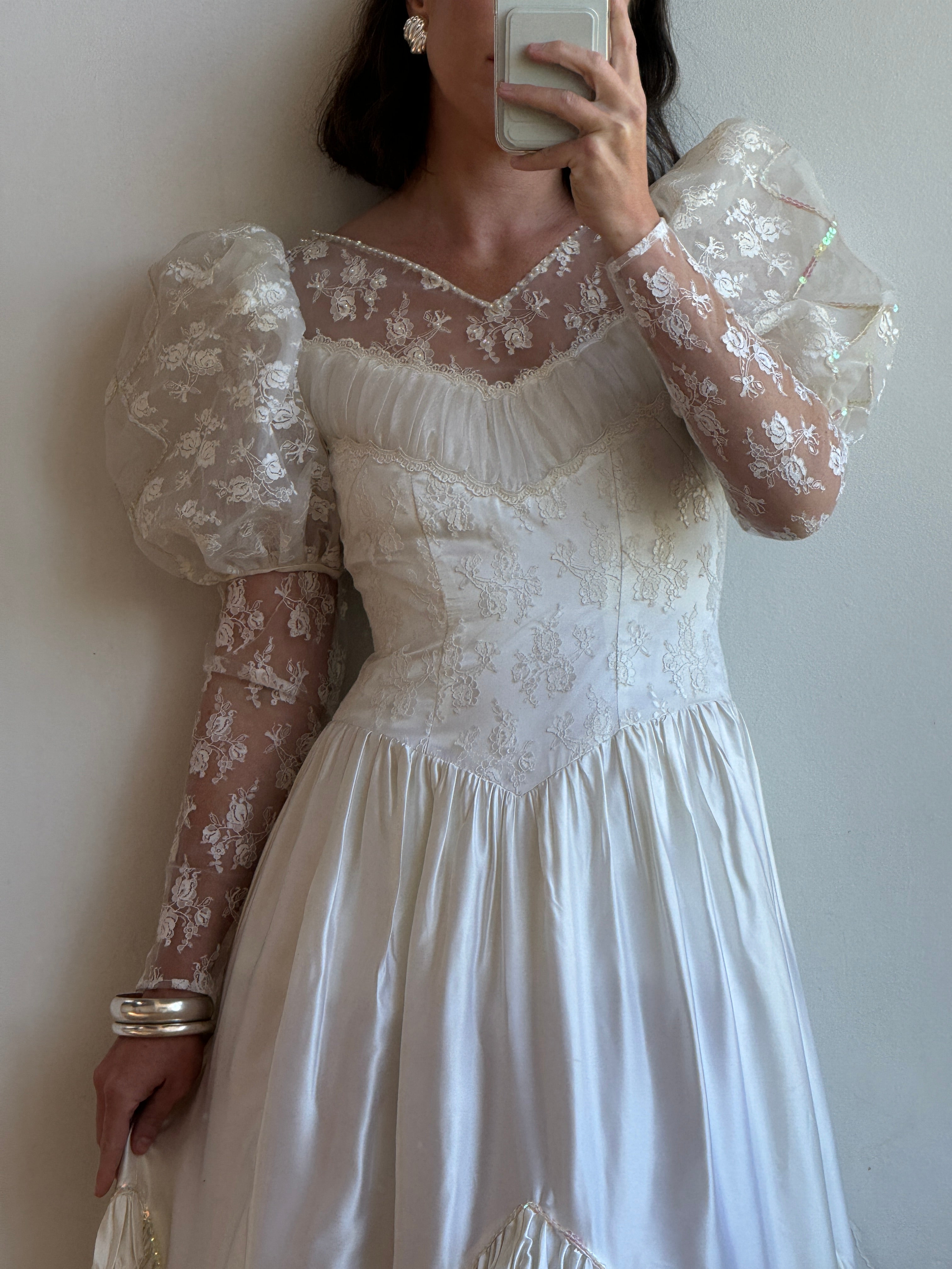 Vintage 80s Lace Satin Sequin Panelled Wedding Gown