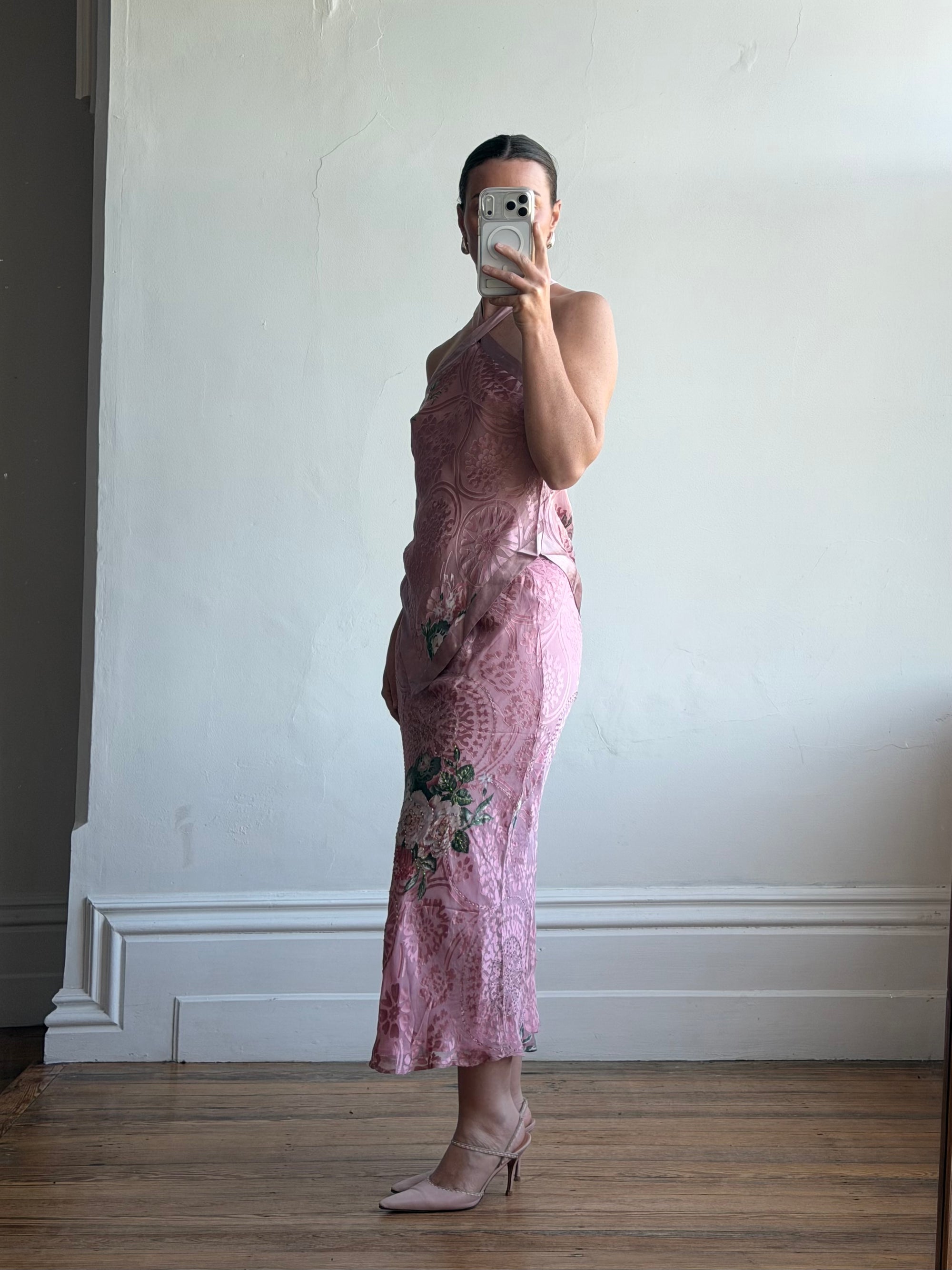 Vintage 90s Dusty Rose Floral Silk Halter Scarf Top and Skirt Set