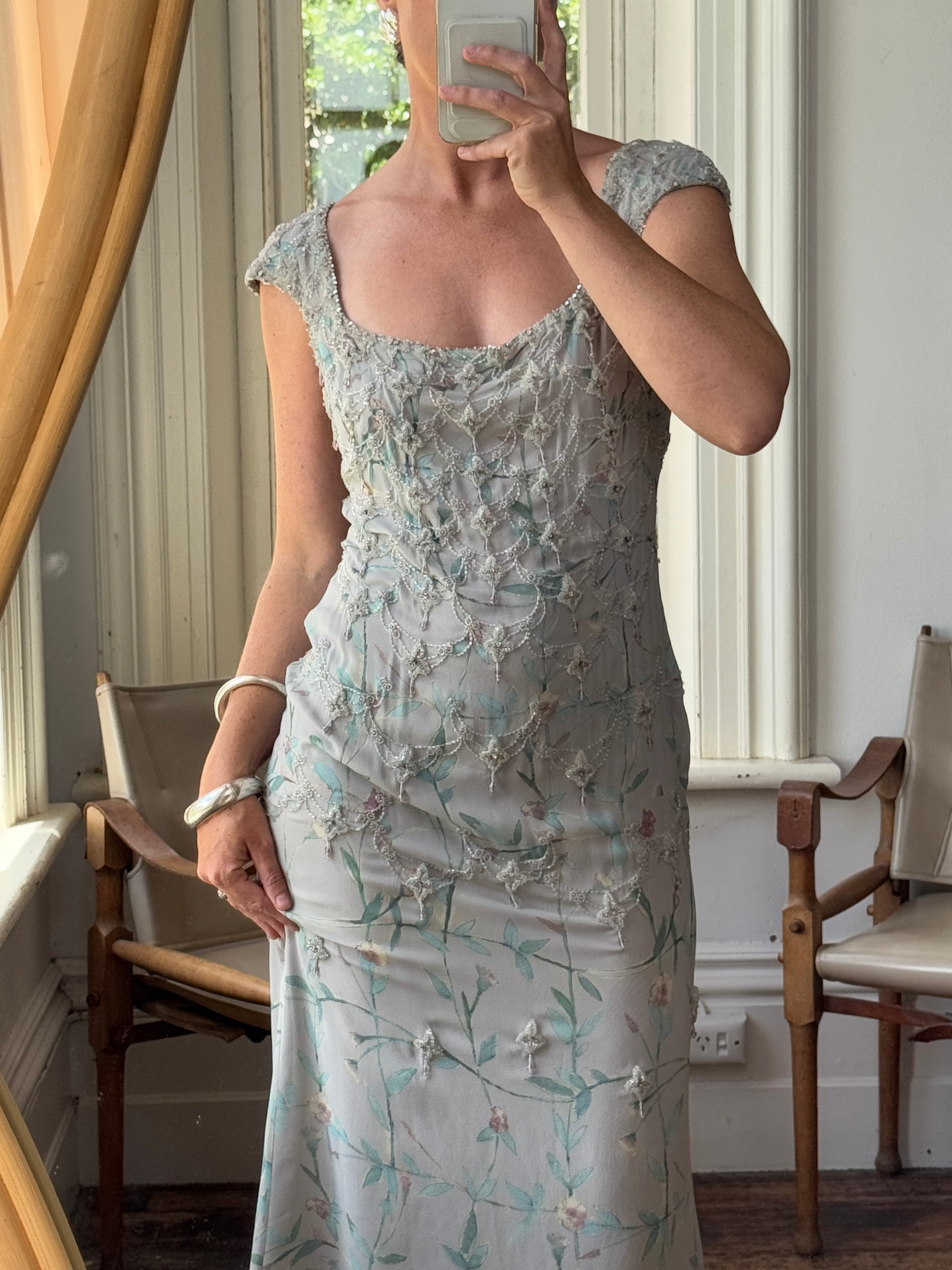 Vintage 90s Badgley Mischka Silver Pure Silk Embellished Gown