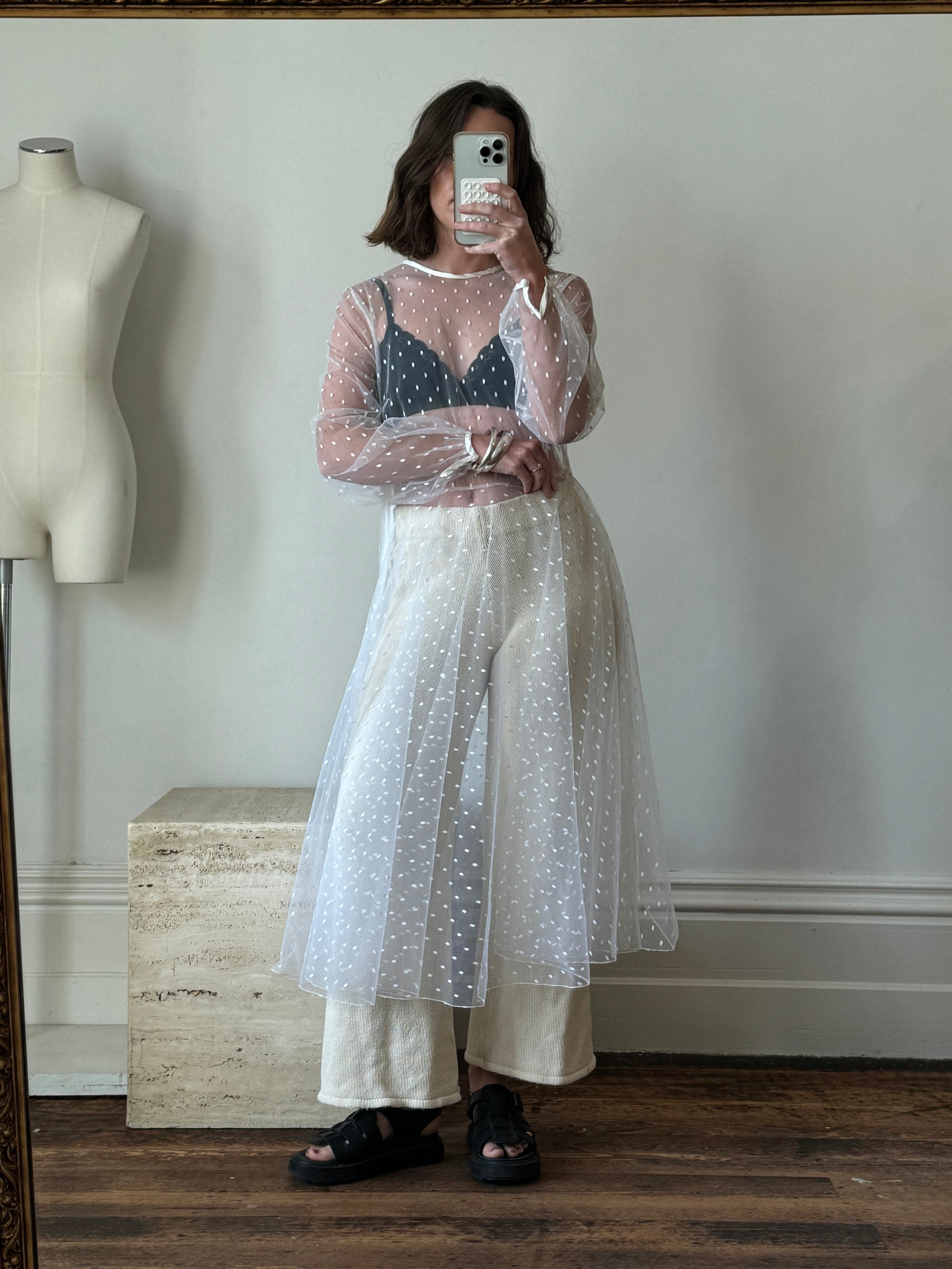 Vintage Long Sleeve Dress Sheer Polka