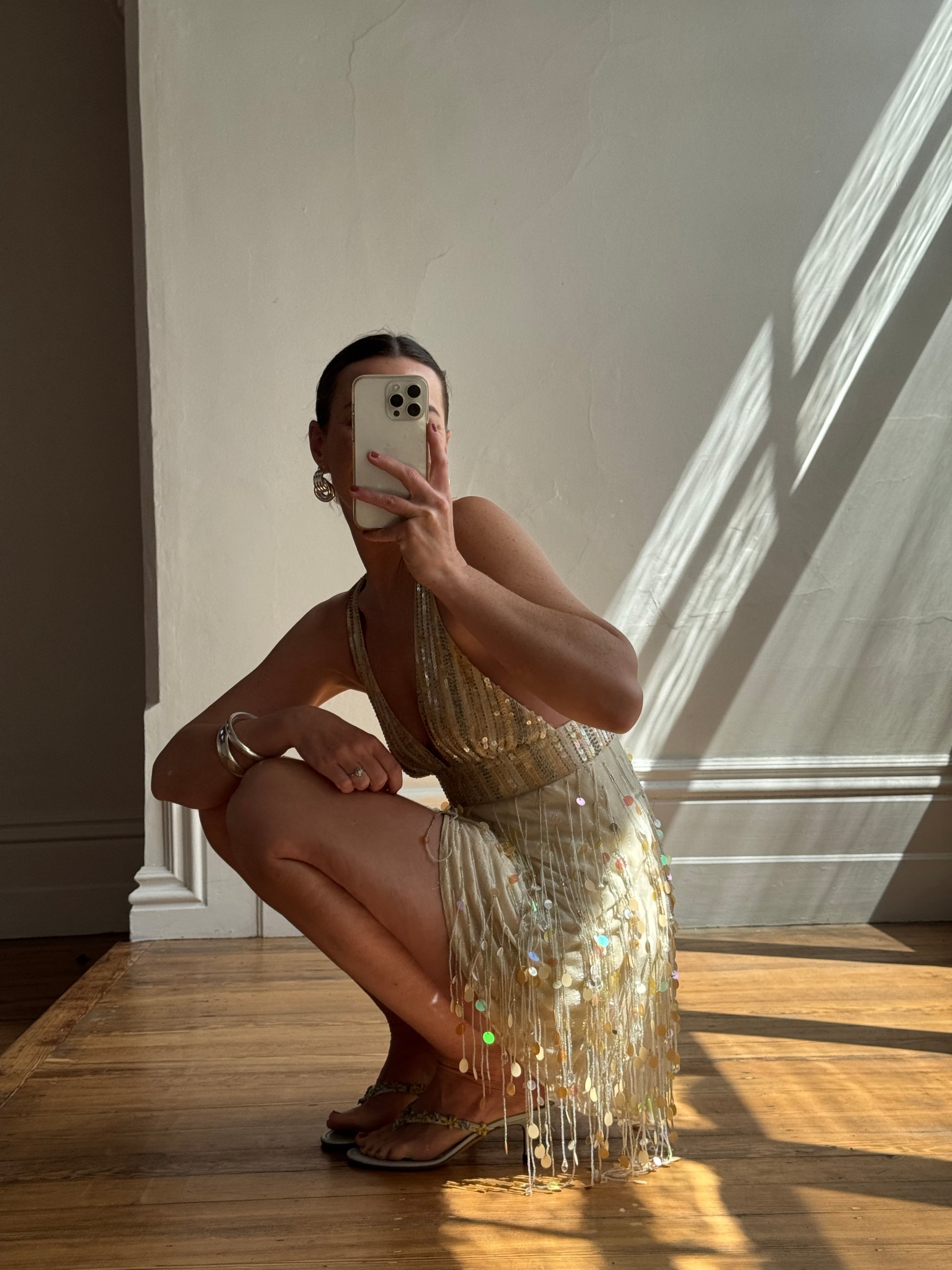 Vintage Y2K Pure Silk Sequin Tassel Disco Dress