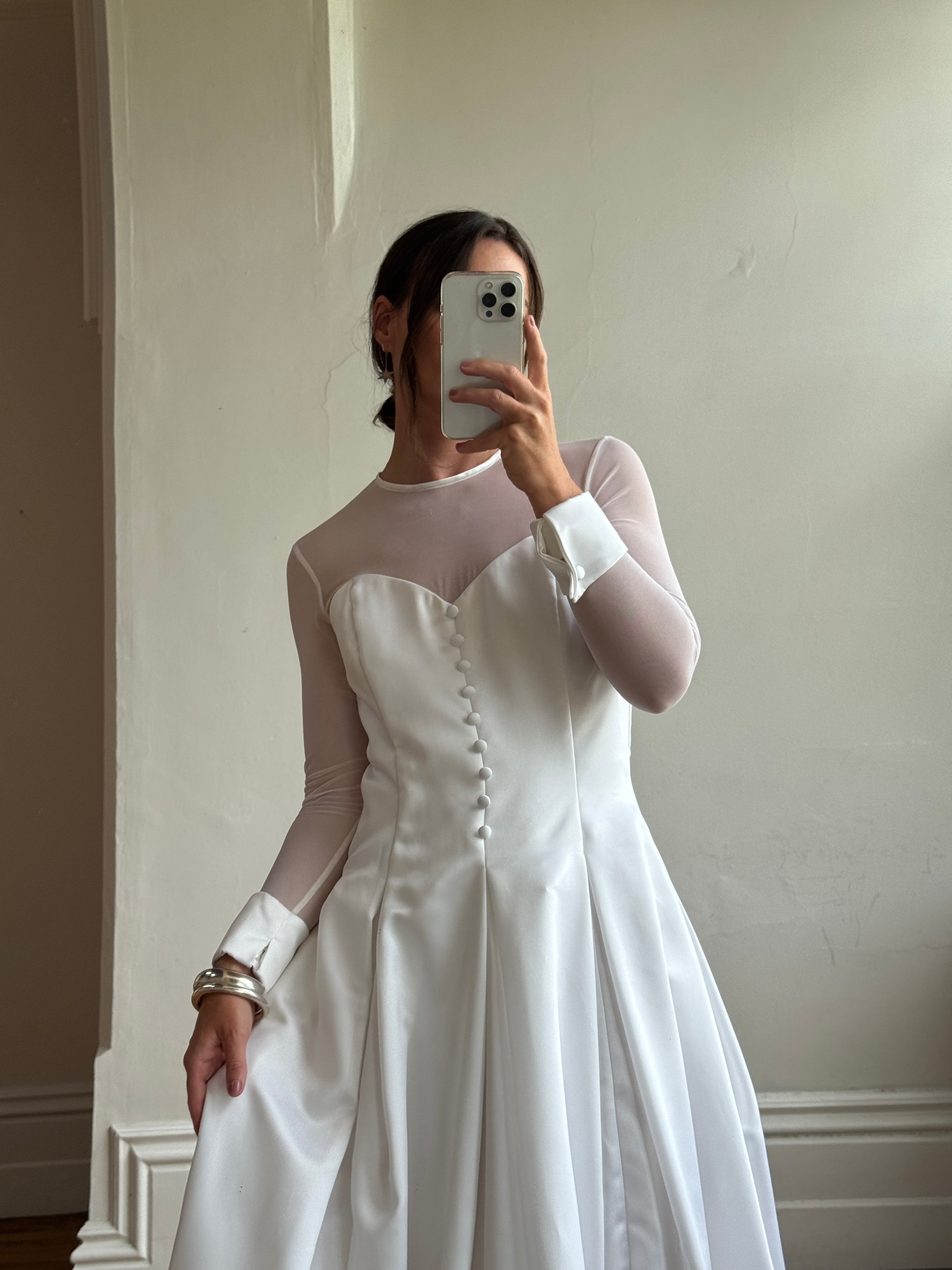 Vintage 90s Tailored Mesh Long Sleeved Wedding Gown