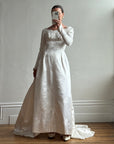 Vintage 60s Satin Jacquard Embellished Wedding Gown Ivory