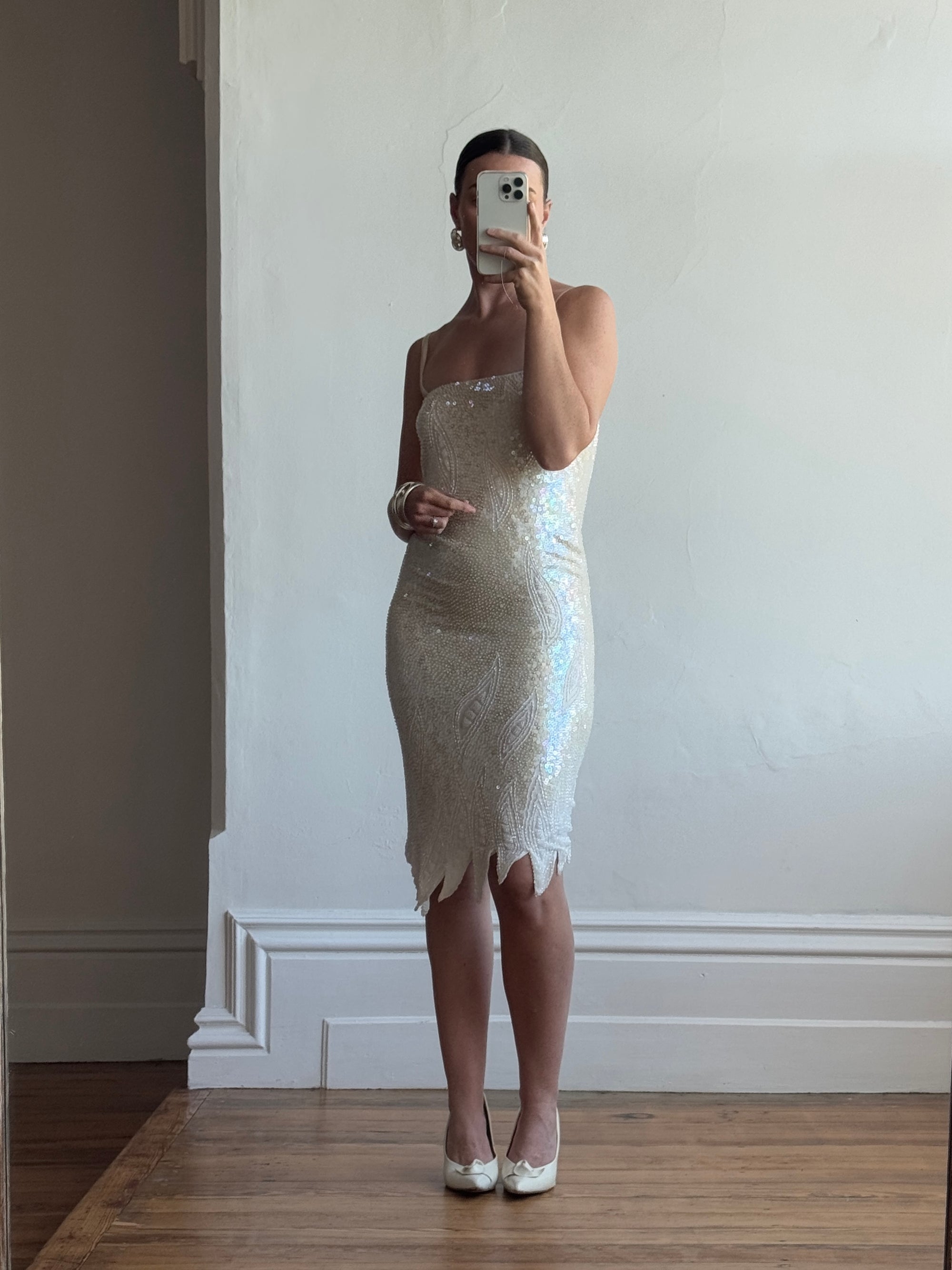 Vintage 90s Pure Silk Sequin Party Dress Creme