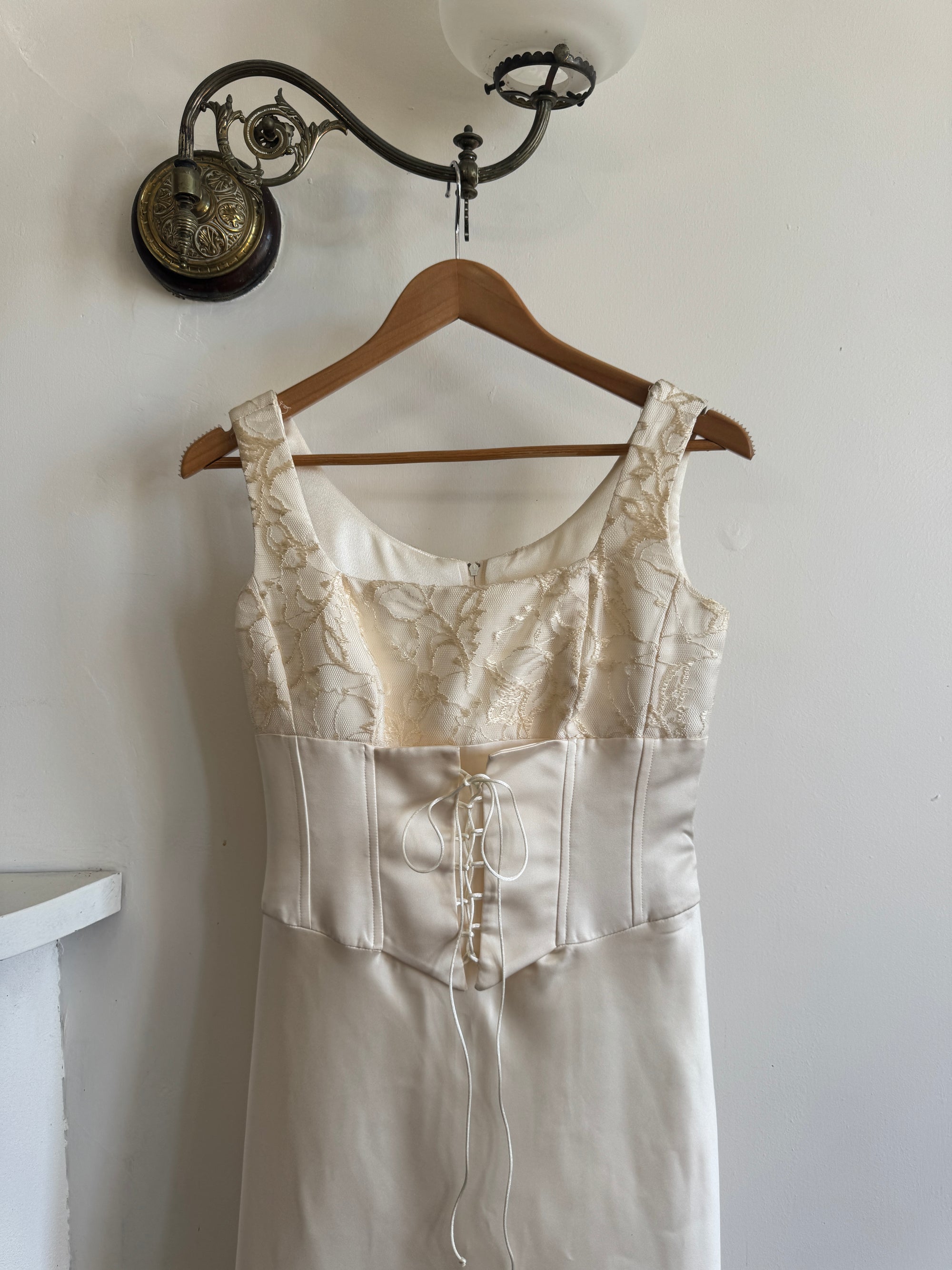 Vintage 90s Lace Up Waist Satin Column Wedding Dress