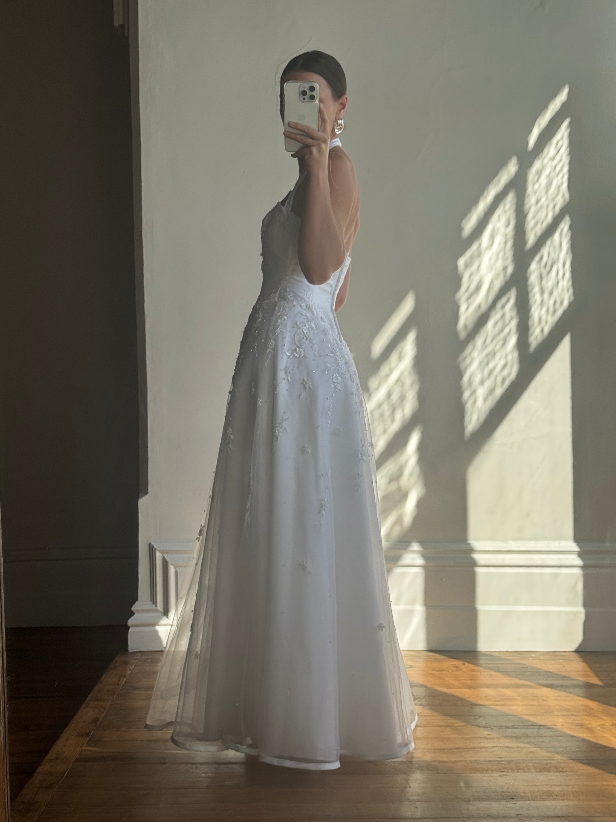 Vintage 90s Basque Halter Embellished Wedding Gown