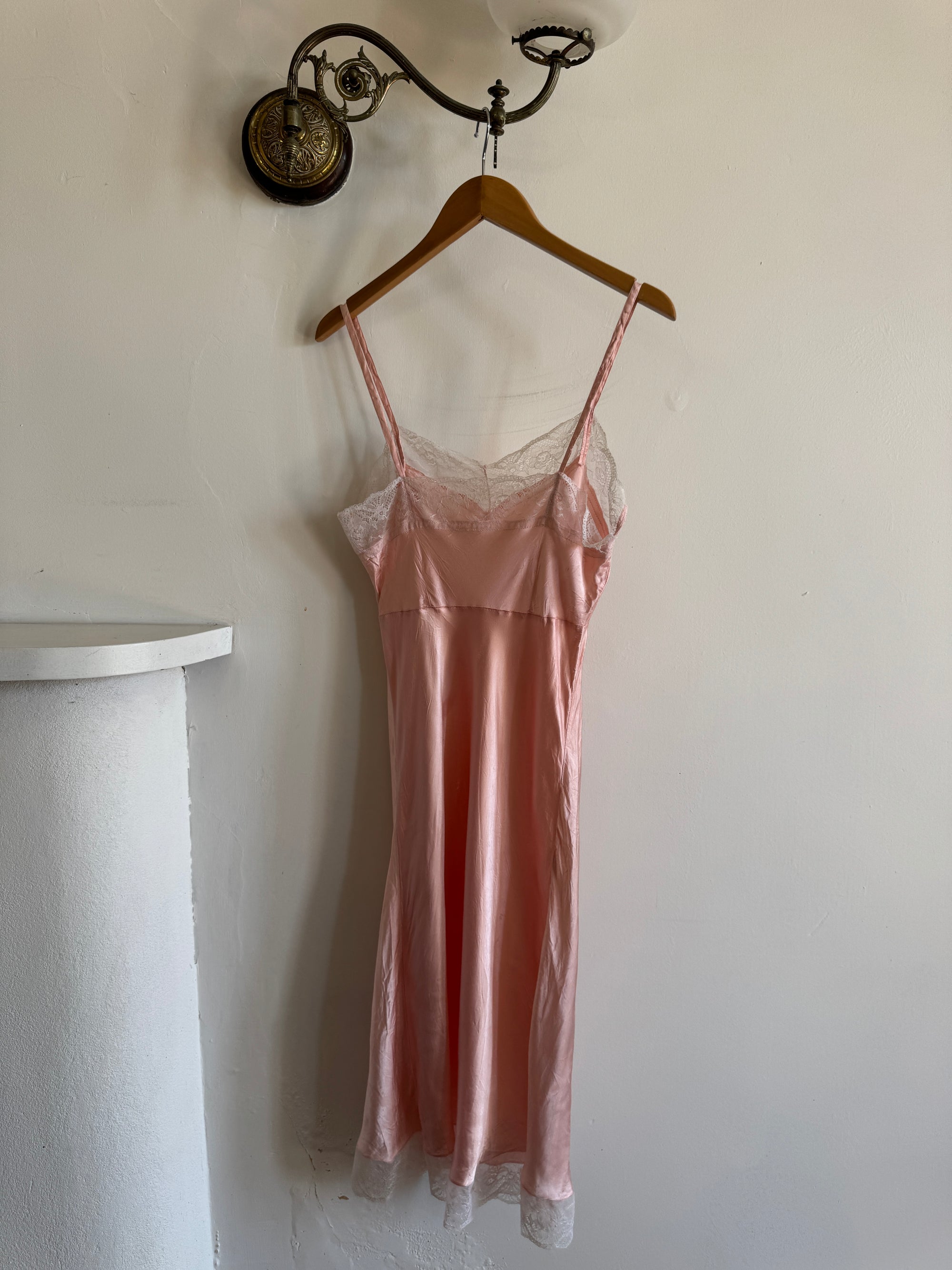 Vintage 50s Liquid Satin Slip Pink Dress Creme Lace