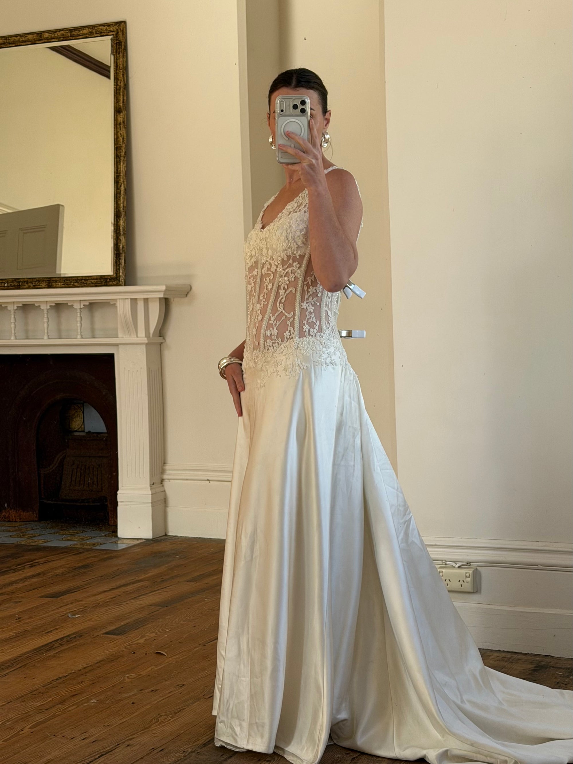 Vintage 90s Italian Naked Embroidered Satin Wedding Dress