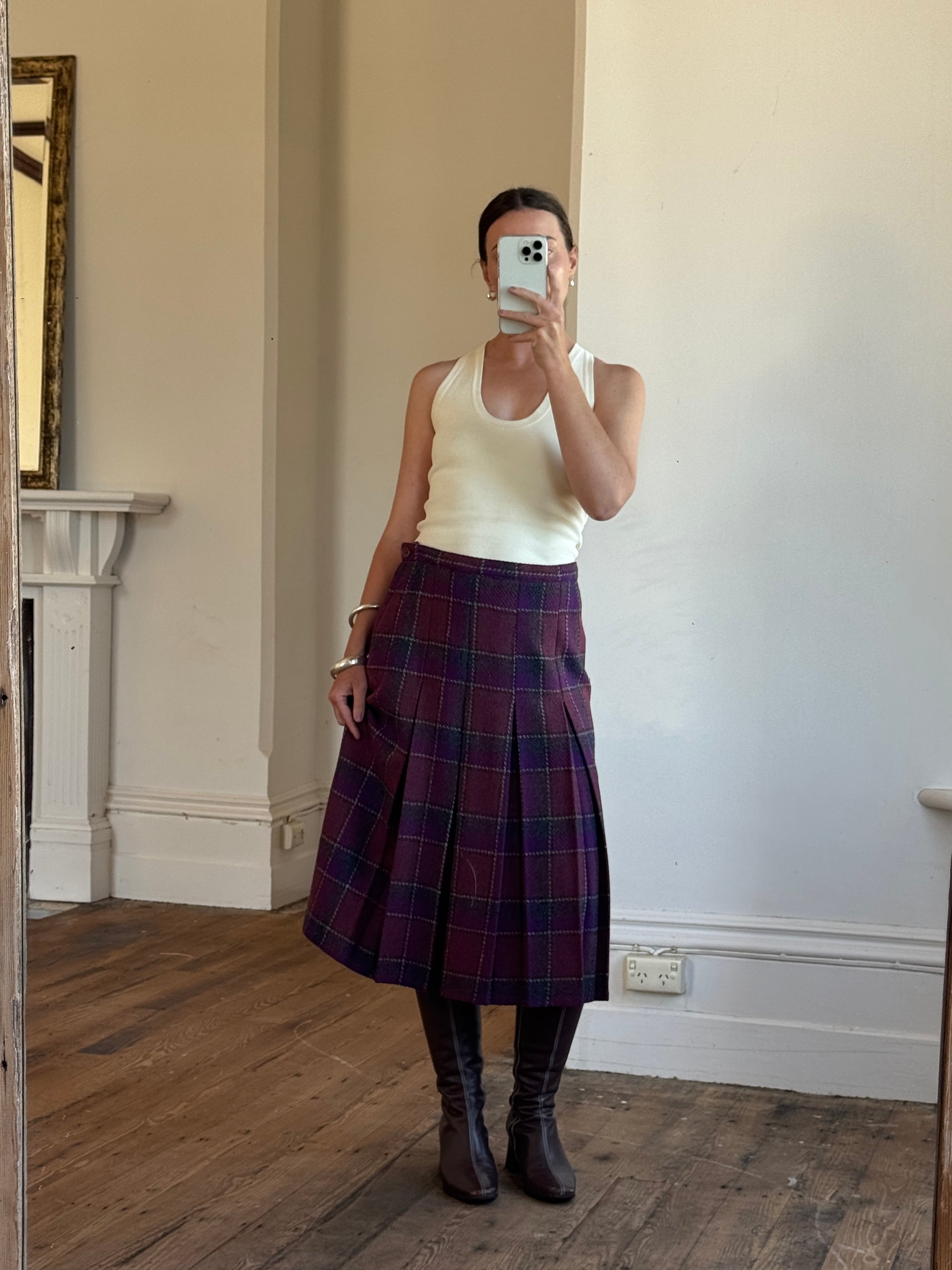 Vintage Wool Blend Plaid Pleated Skirt Plum