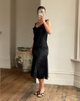 Vintage 90s Satin Drop Waist Midi Dress Noir
