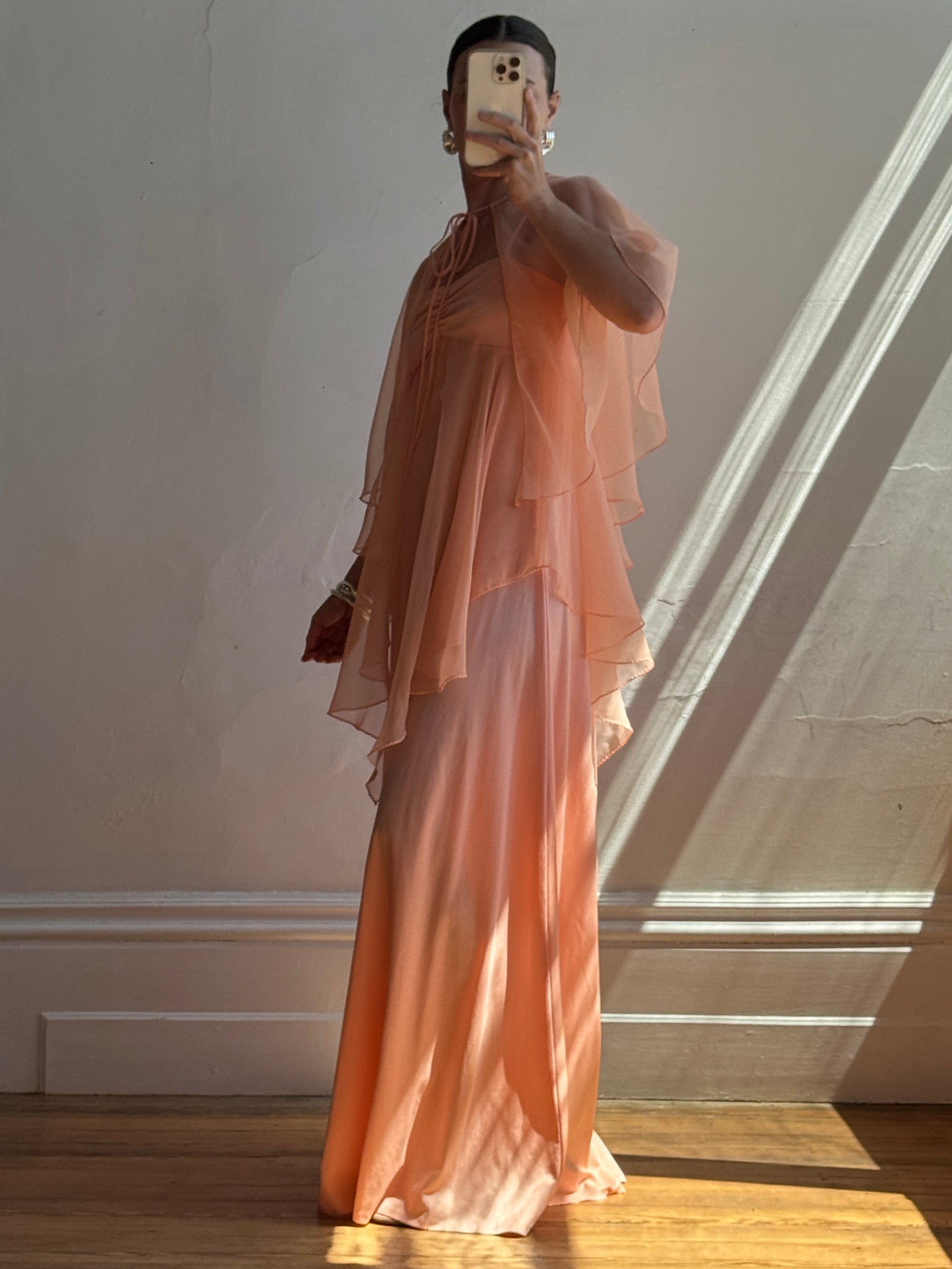 Vintage 70s Apricot Maxi Dress with Sheer Cape