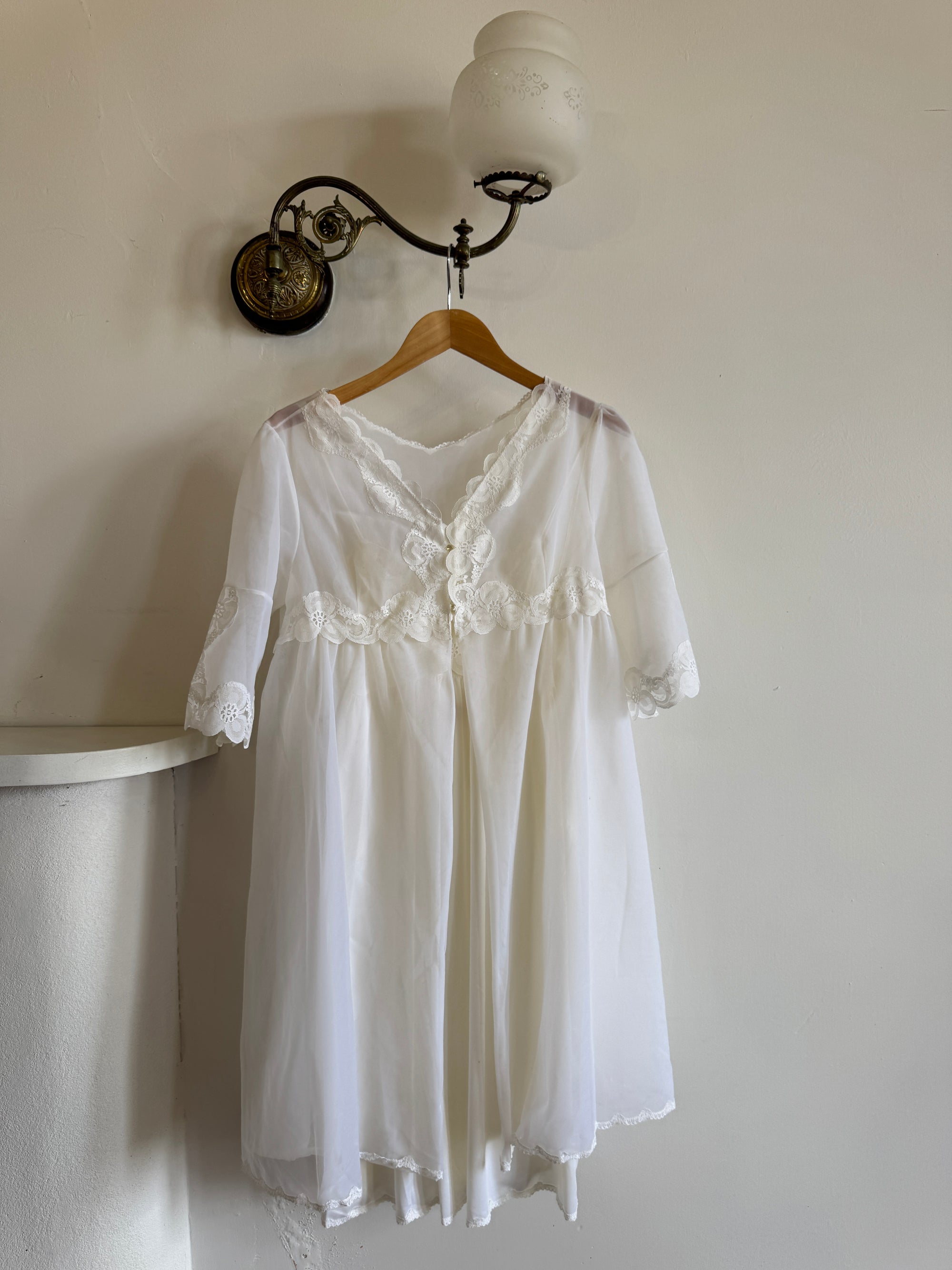 Vintage 80s Wedding Morning Lace Peignoir and Slip Set