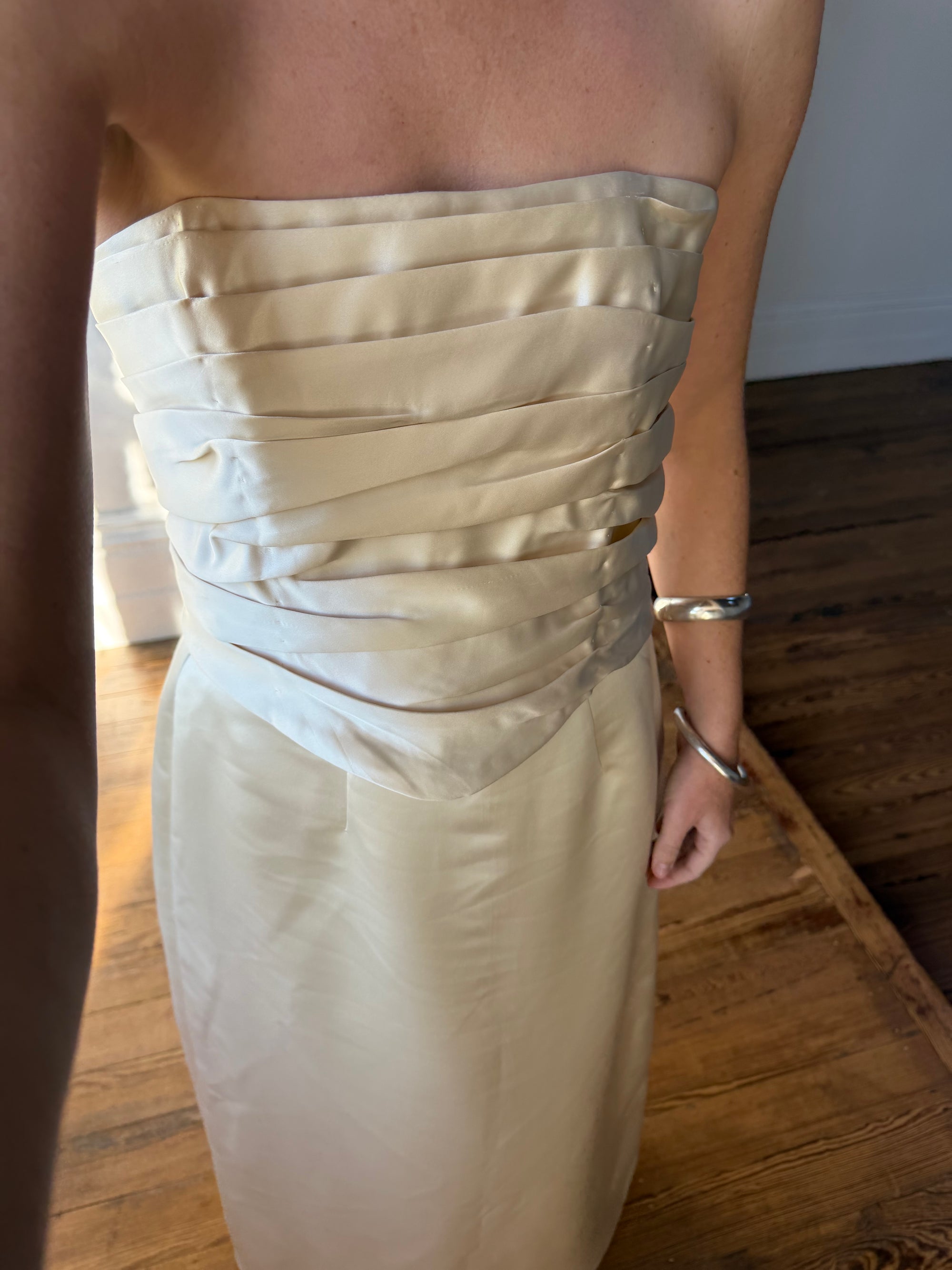 Vintage 90s Ruched Satin Two Piece Bridal Set Champagne