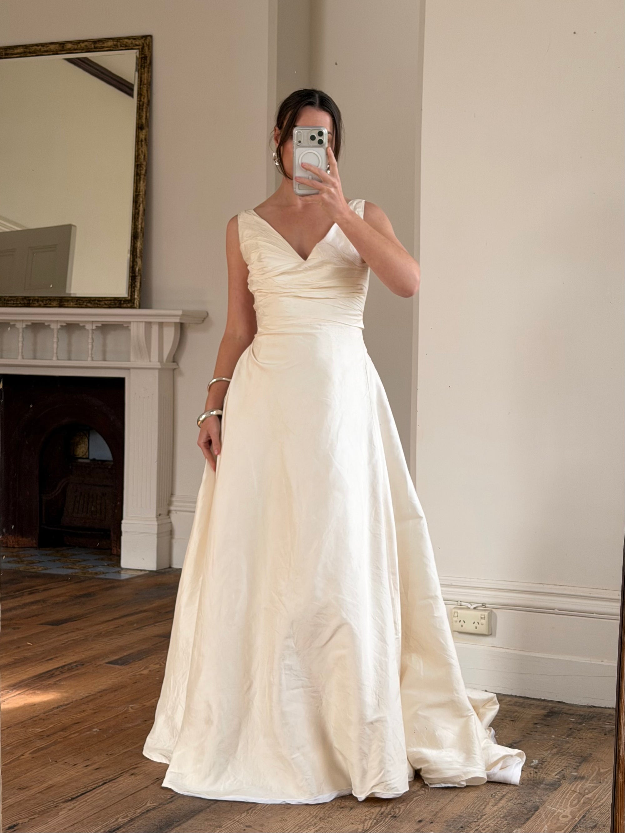 Vintage 90s Ivory Silk V-Neck A-Line Wedding Gown