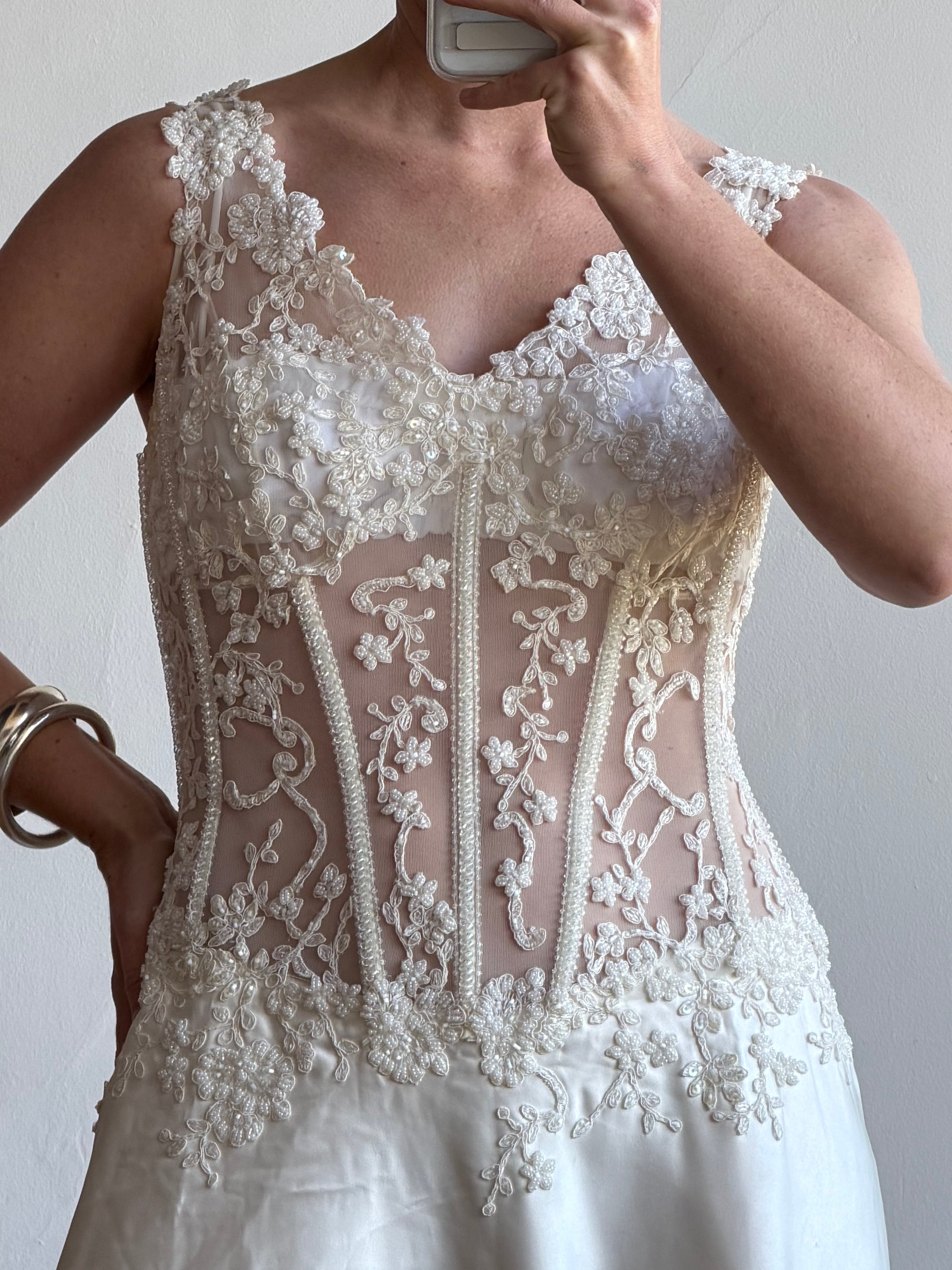Vintage 90s Italian Naked Embroidered Satin Wedding Dress