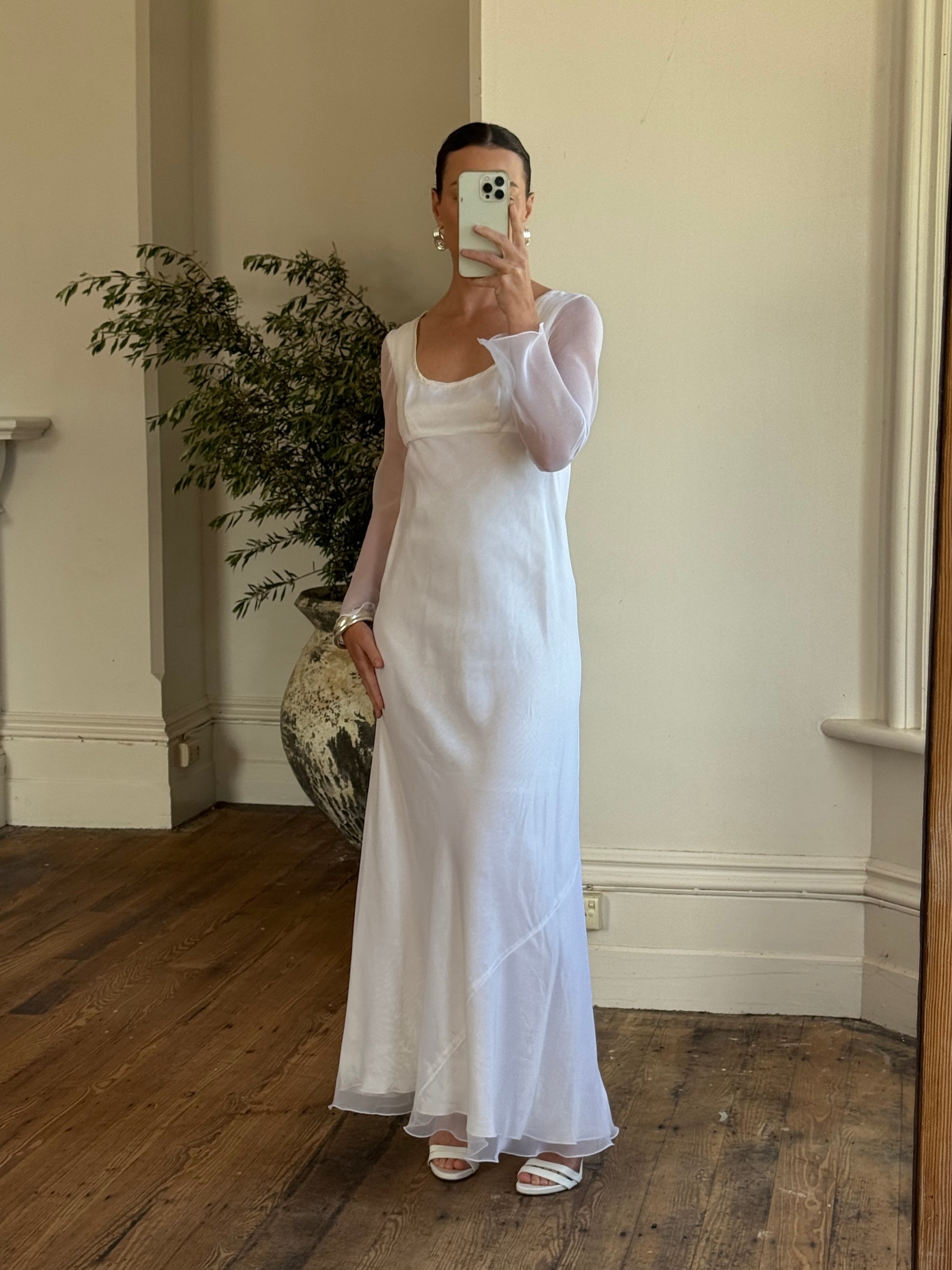 Vintage 90s Sheer Organza Long Sleeve Empire Bridal Dress