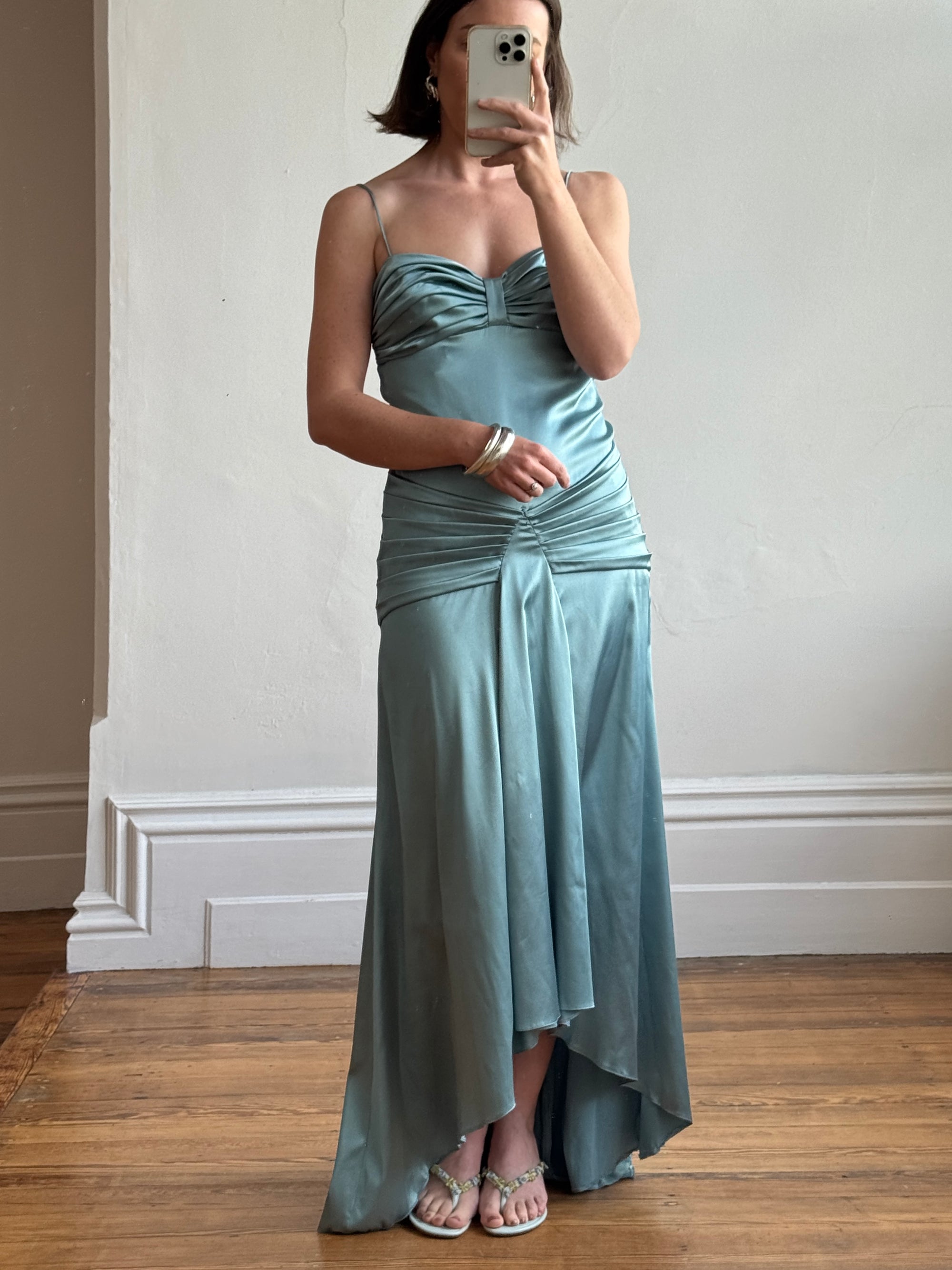 Vintage 90s Teal Satin High Low Prom Dress