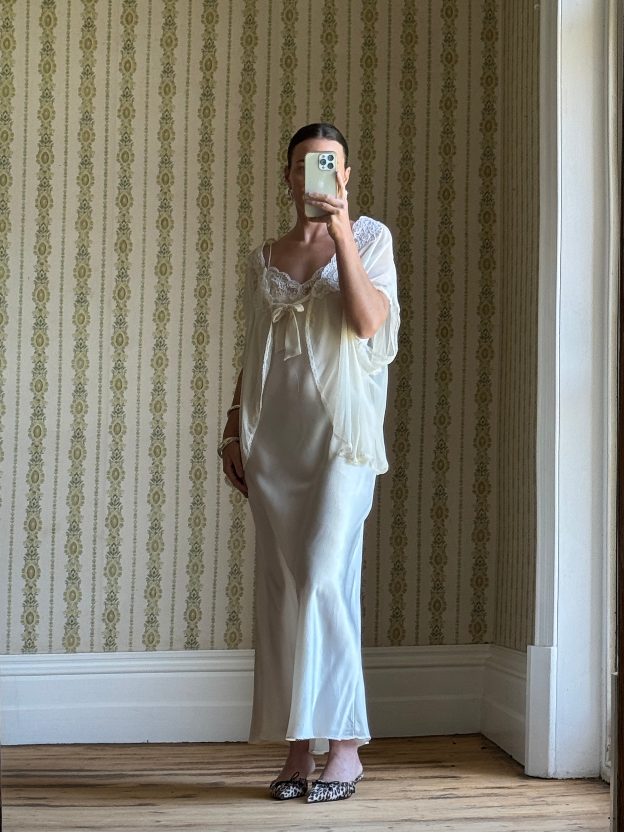 Vintage 90s Satin and Lace Slip and Cape Set Ivory