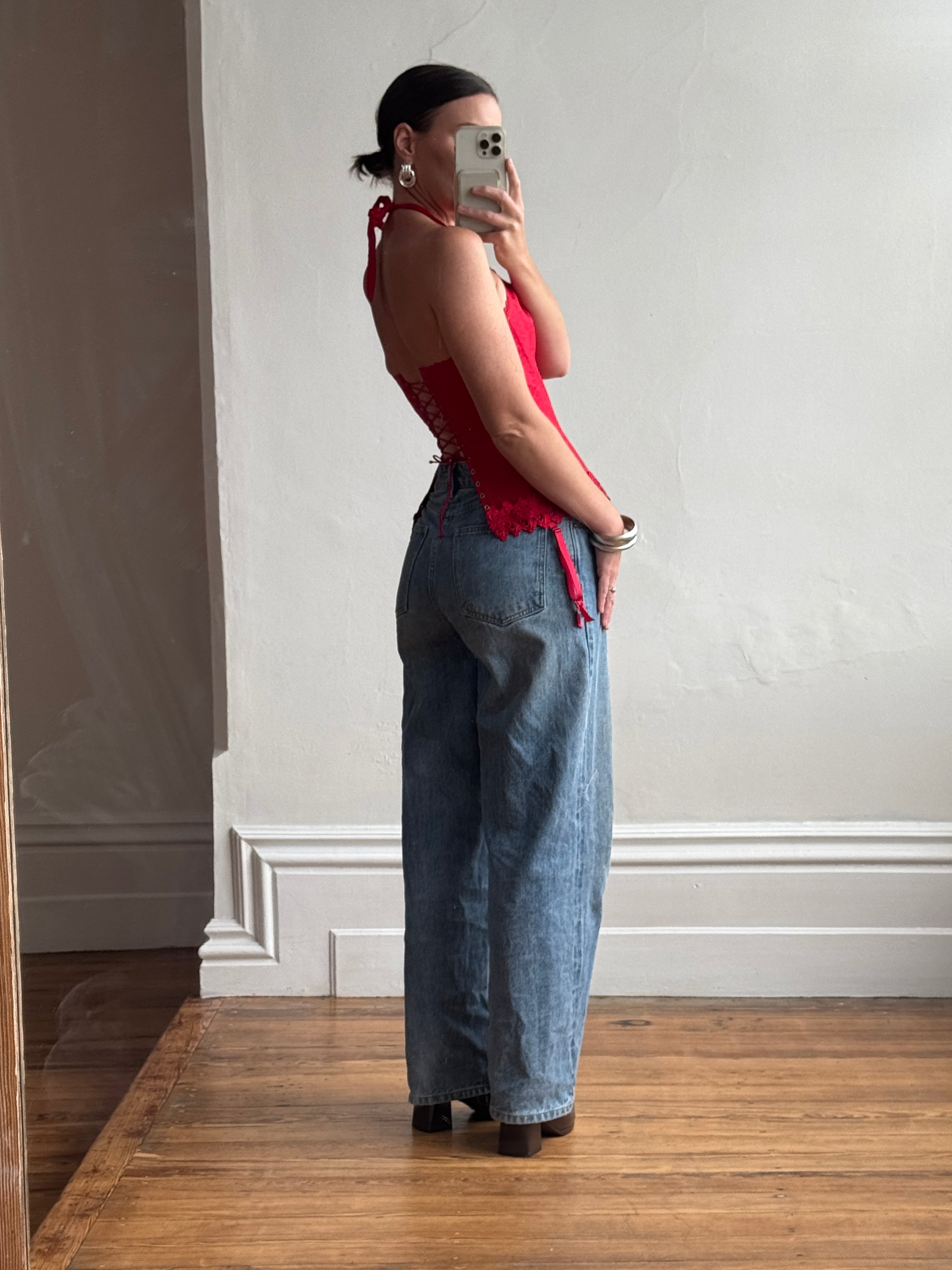 Vintage Y2K Halter Lace Up Corset Red