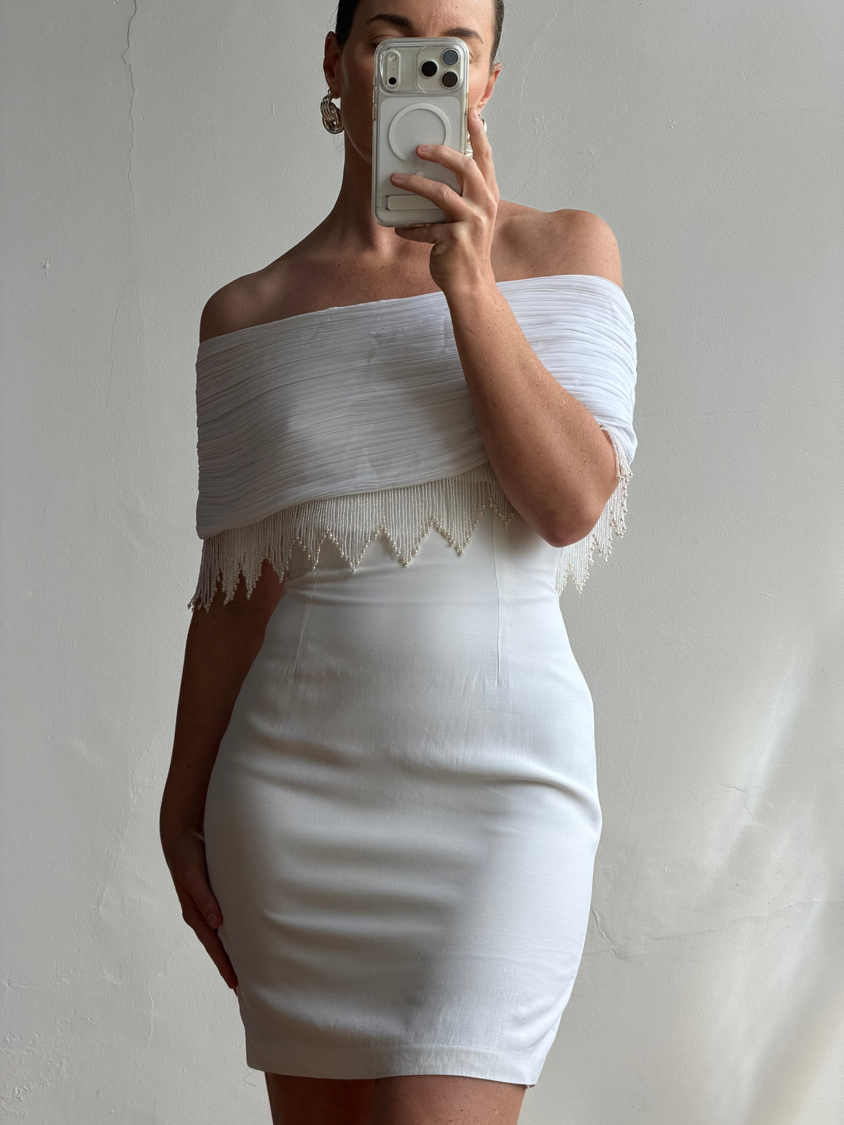 Vintage 90s White Pleated Beaded Fringe Mini Dress