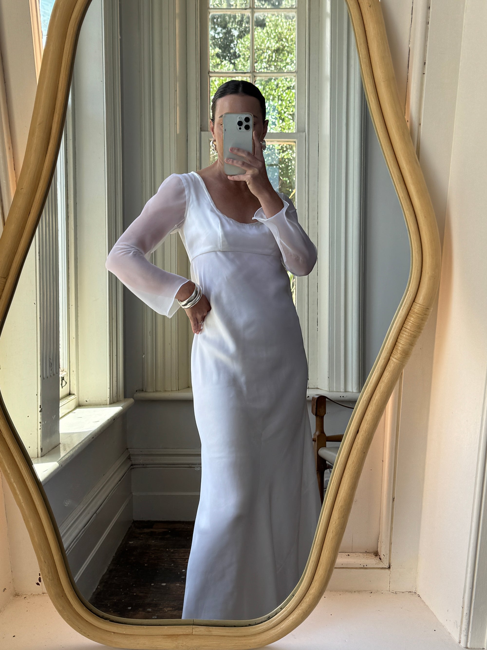 Vintage 90s Sheer Organza Long Sleeve Empire Bridal Dress