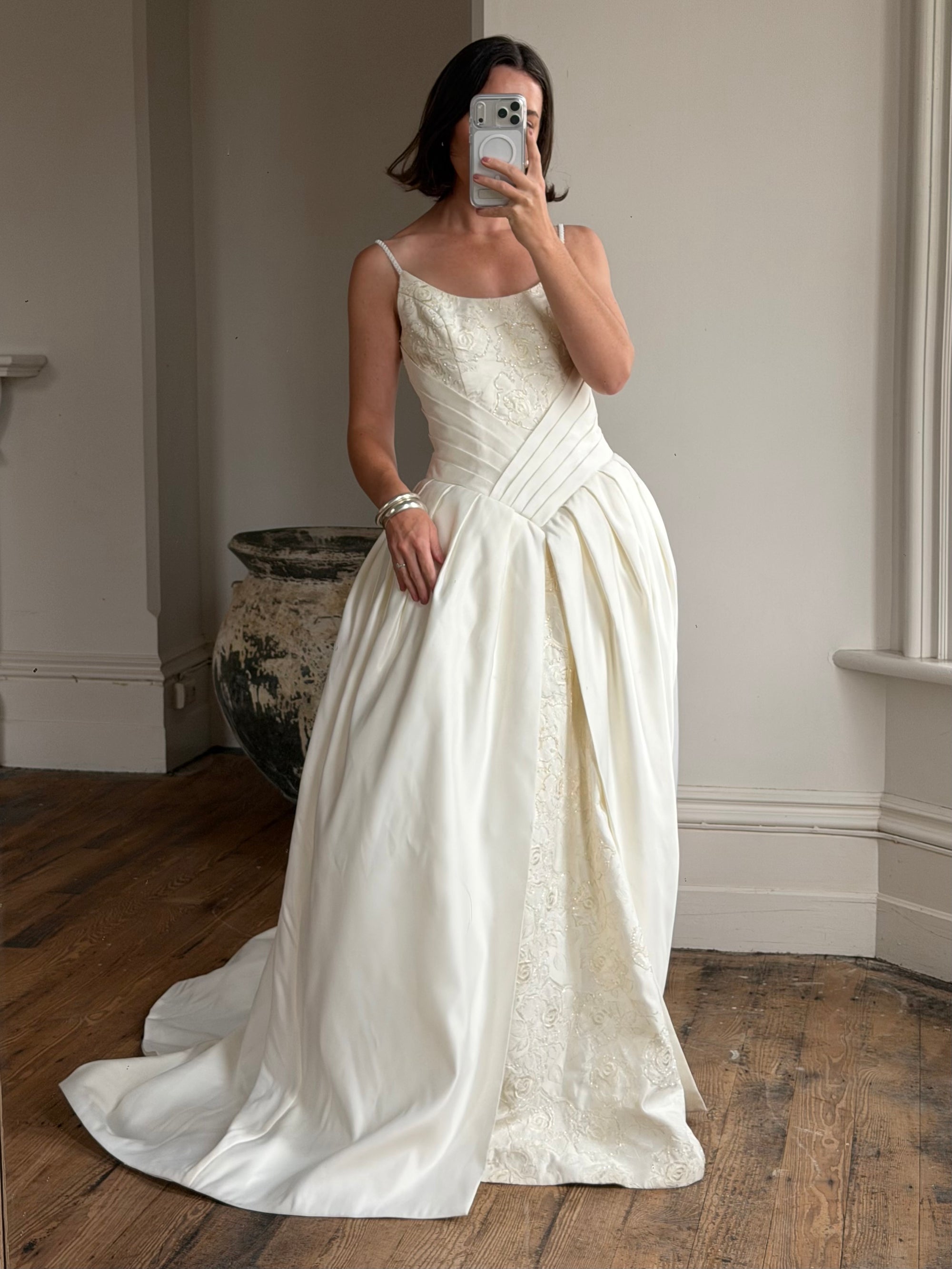 Vintage 90s Pleated Jacquard Satin Wedding Gown