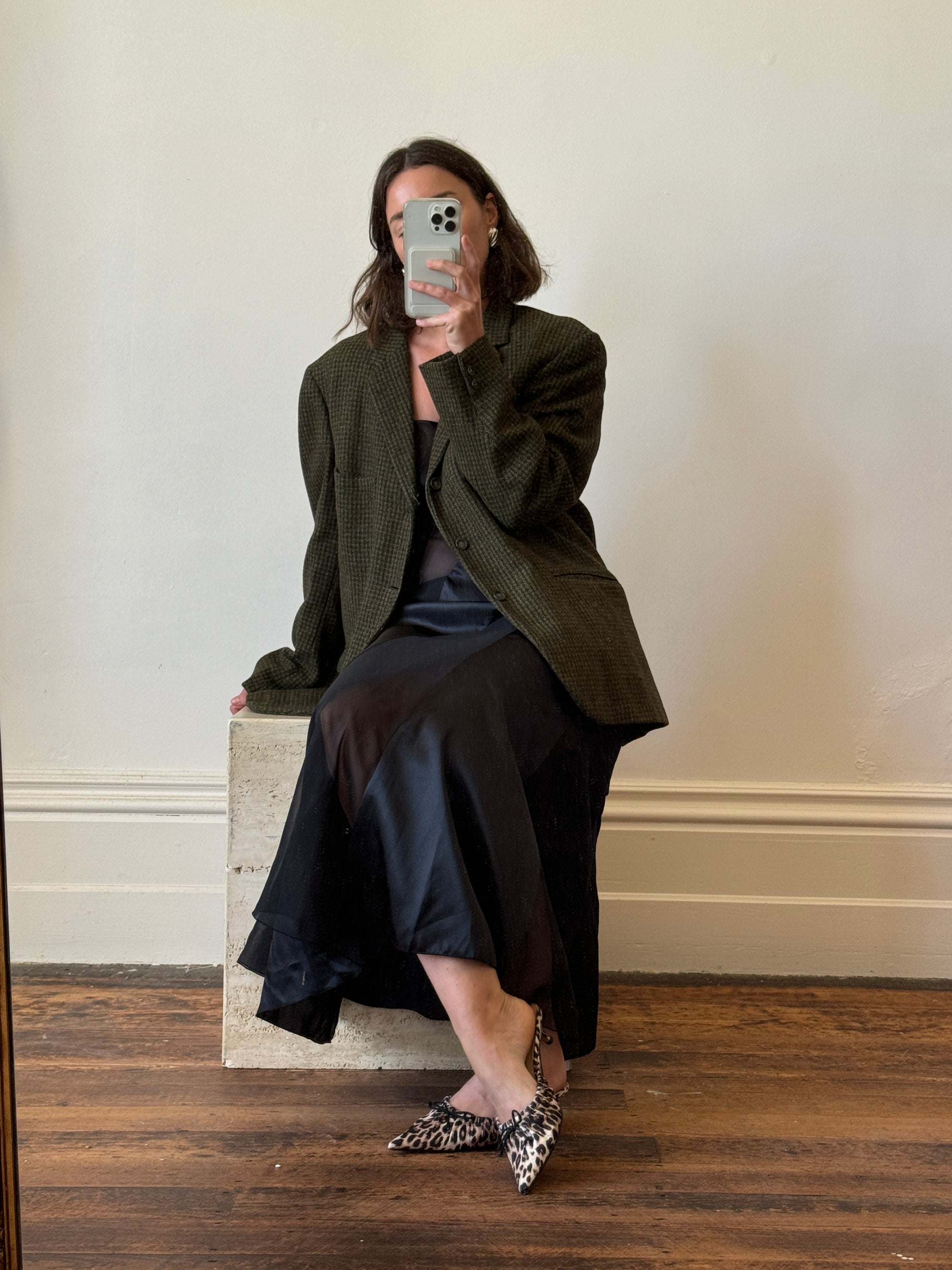 Vintage 50s Pure Wool Olive Herringbone Blazer