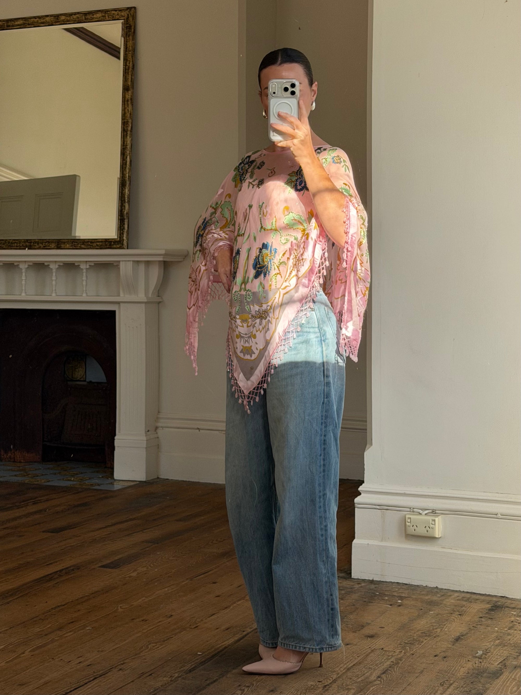 Vintage 90s Pink Floral Beaded Fringe Poncho