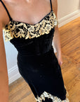 Vintage 40s Velvet Bias Strappy Dress with Lace Trim Noir