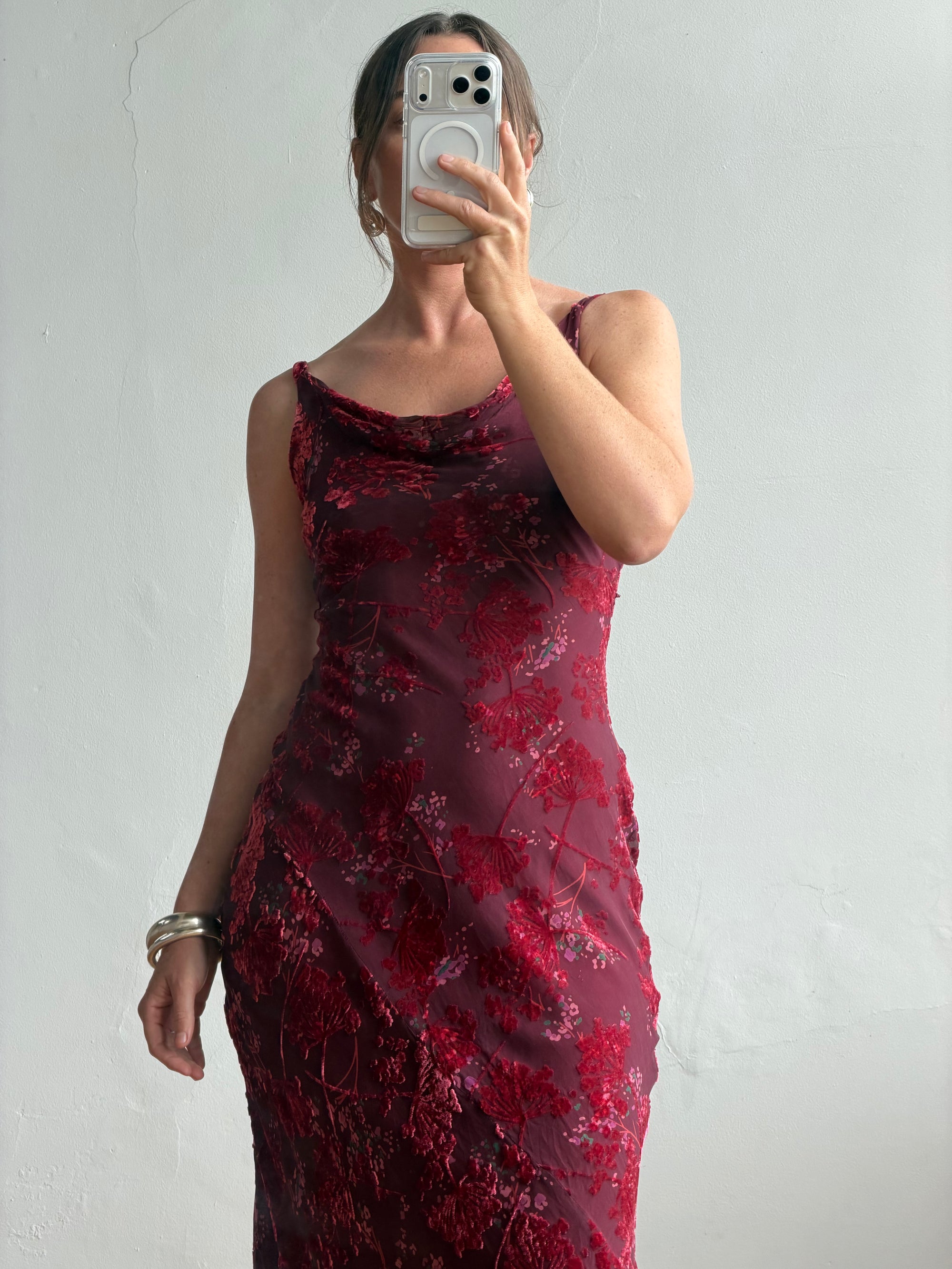 Vintage 90s Burnt Velvet Cowl Neck Dress Plum