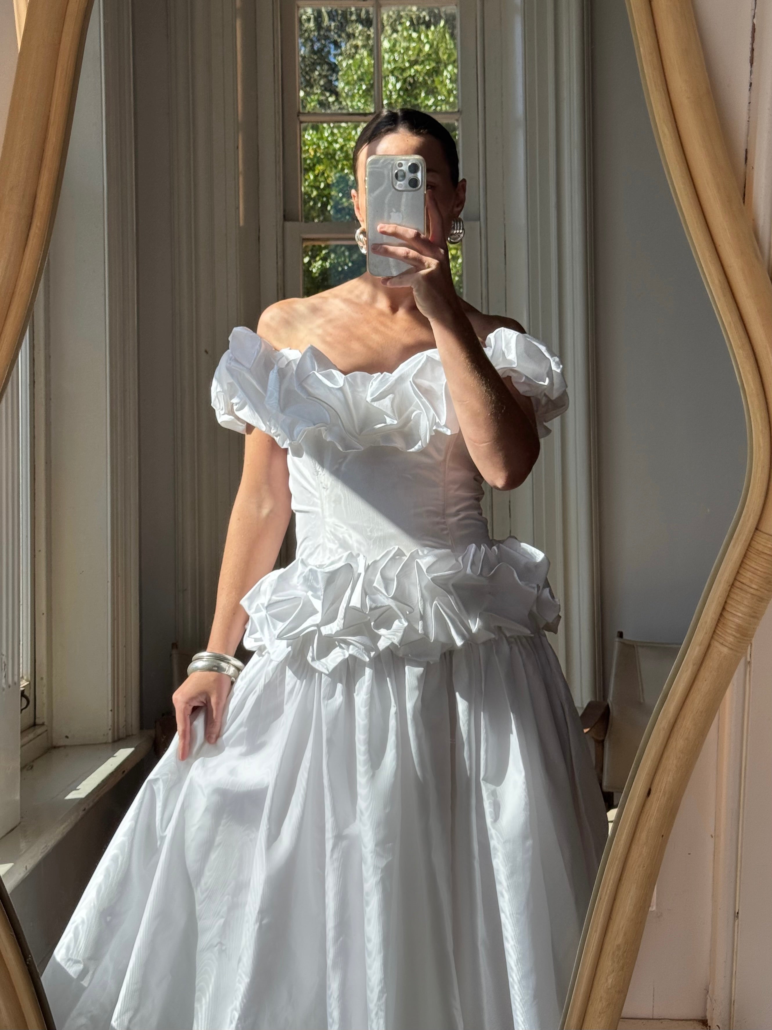 Vintage 80s Taffeta Ruffle Off Shoulder Wedding Dress – Call Me