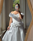 Vintage 80s Taffeta Ruffle Off Shoulder Wedding Dress