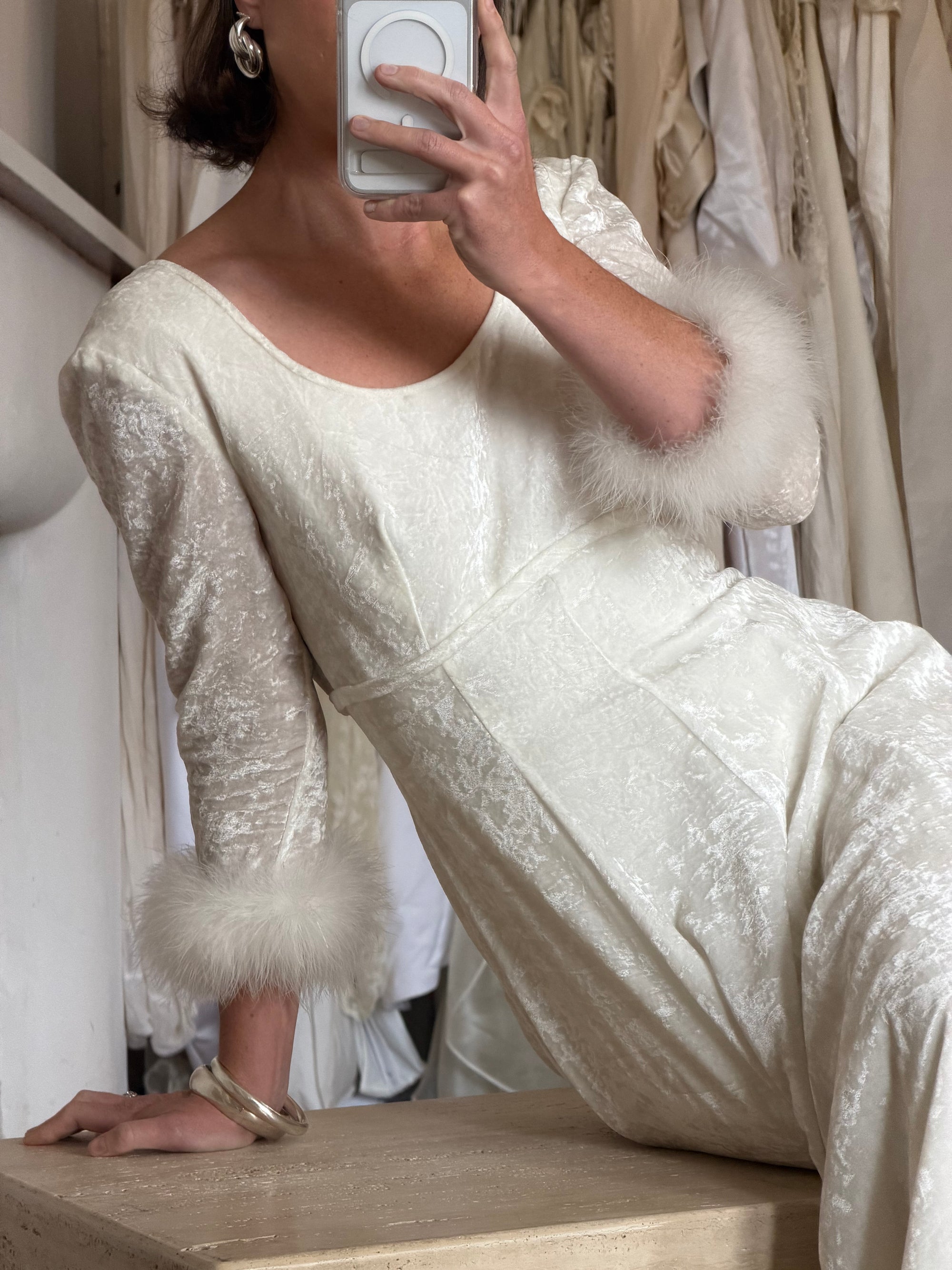 Vintage 90s Italian Velvet Long Sleeve Feather Wedding Gown