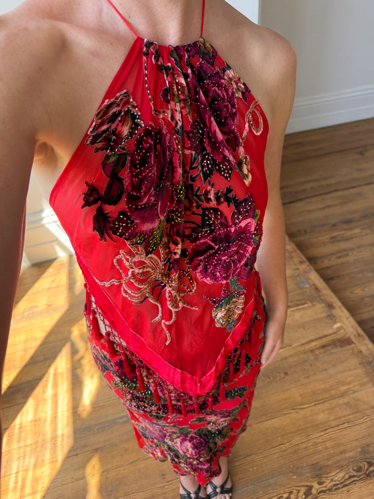 Vintage Y2K Burnt Velvet Beaded Fringe Halter and Skirt Set Crimson