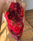 Vintage Y2K Burnt Velvet Beaded Fringe Halter and Skirt Set Crimson